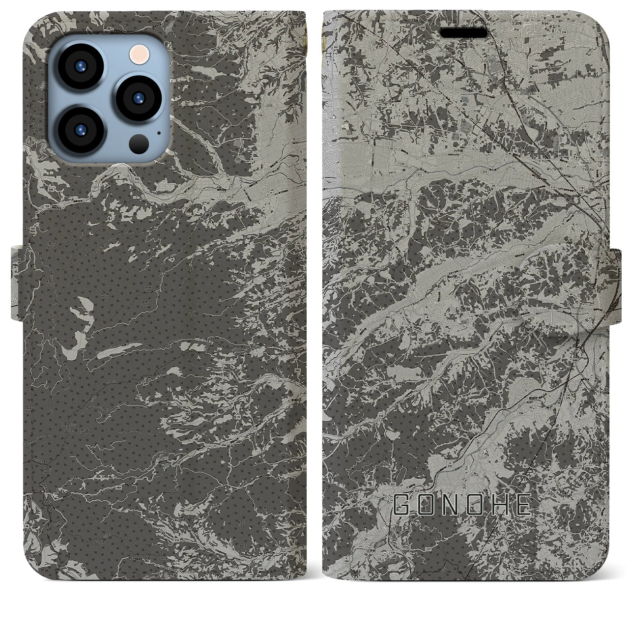 【五戸(青森県)】地図柄iPhoneケース(手帳タイプ)モノトーン・iPhone 13 Pro Max 用