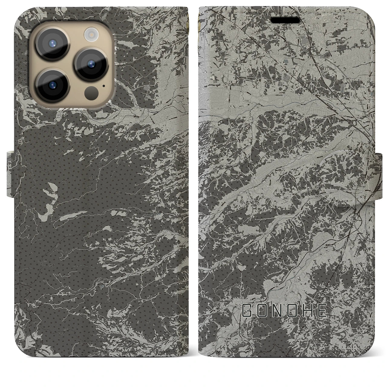 【五戸(青森県)】地図柄iPhoneケース(手帳タイプ)モノトーン・iPhone 14 Pro Max 用