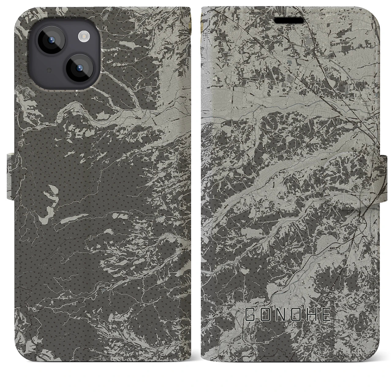 【五戸(青森県)】地図柄iPhoneケース(手帳タイプ)モノトーン・iPhone 14 Plus 用
