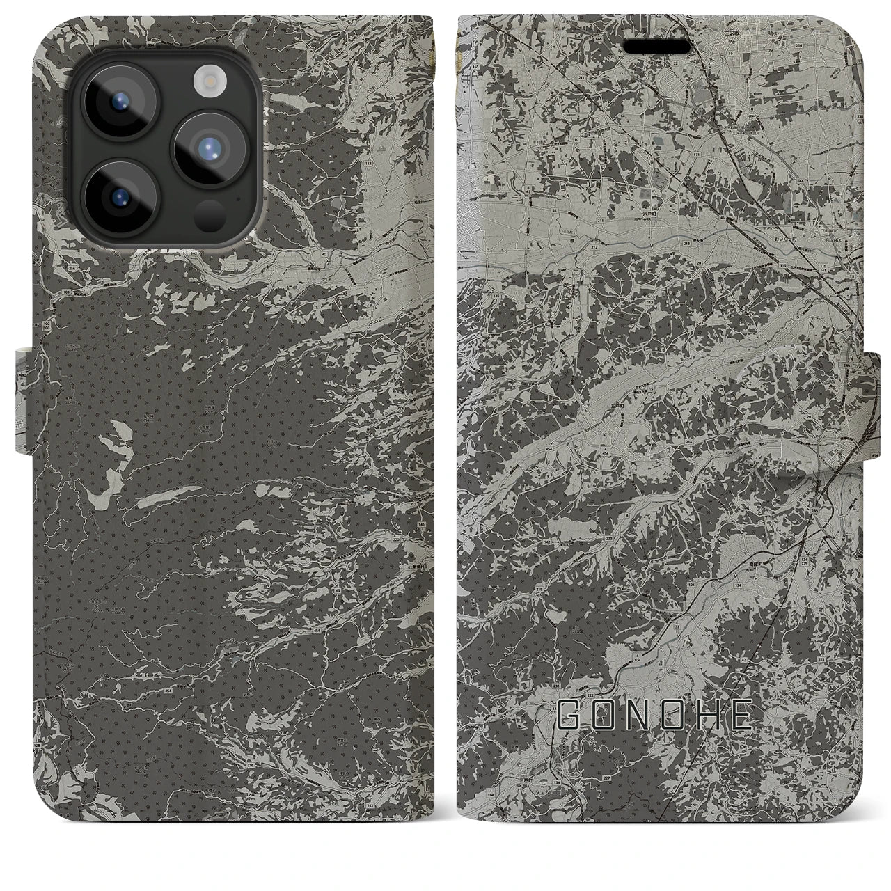 【五戸(青森県)】地図柄iPhoneケース(手帳タイプ)モノトーン・iPhone 15 Pro Max 用