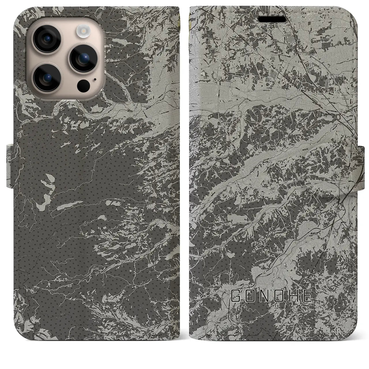 【五戸(青森県)】地図柄iPhoneケース(手帳タイプ)モノトーン・iPhone 16 Plus 用