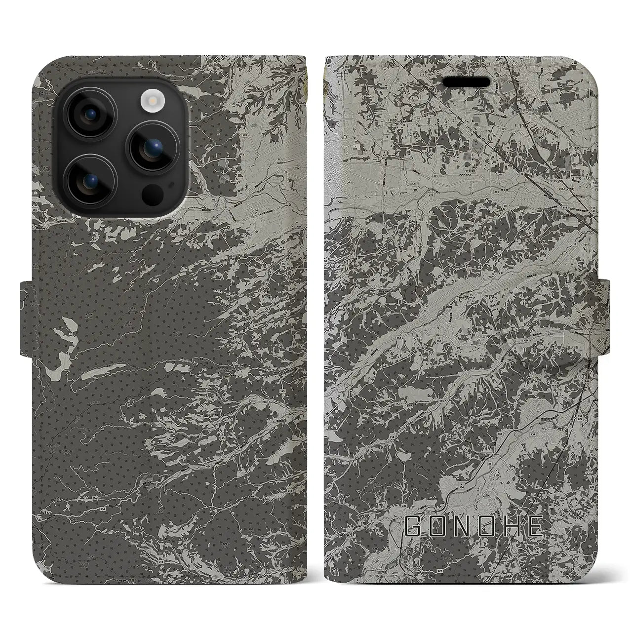 【五戸(青森県)】地図柄iPhoneケース(手帳タイプ)モノトーン・iPhone 16 用