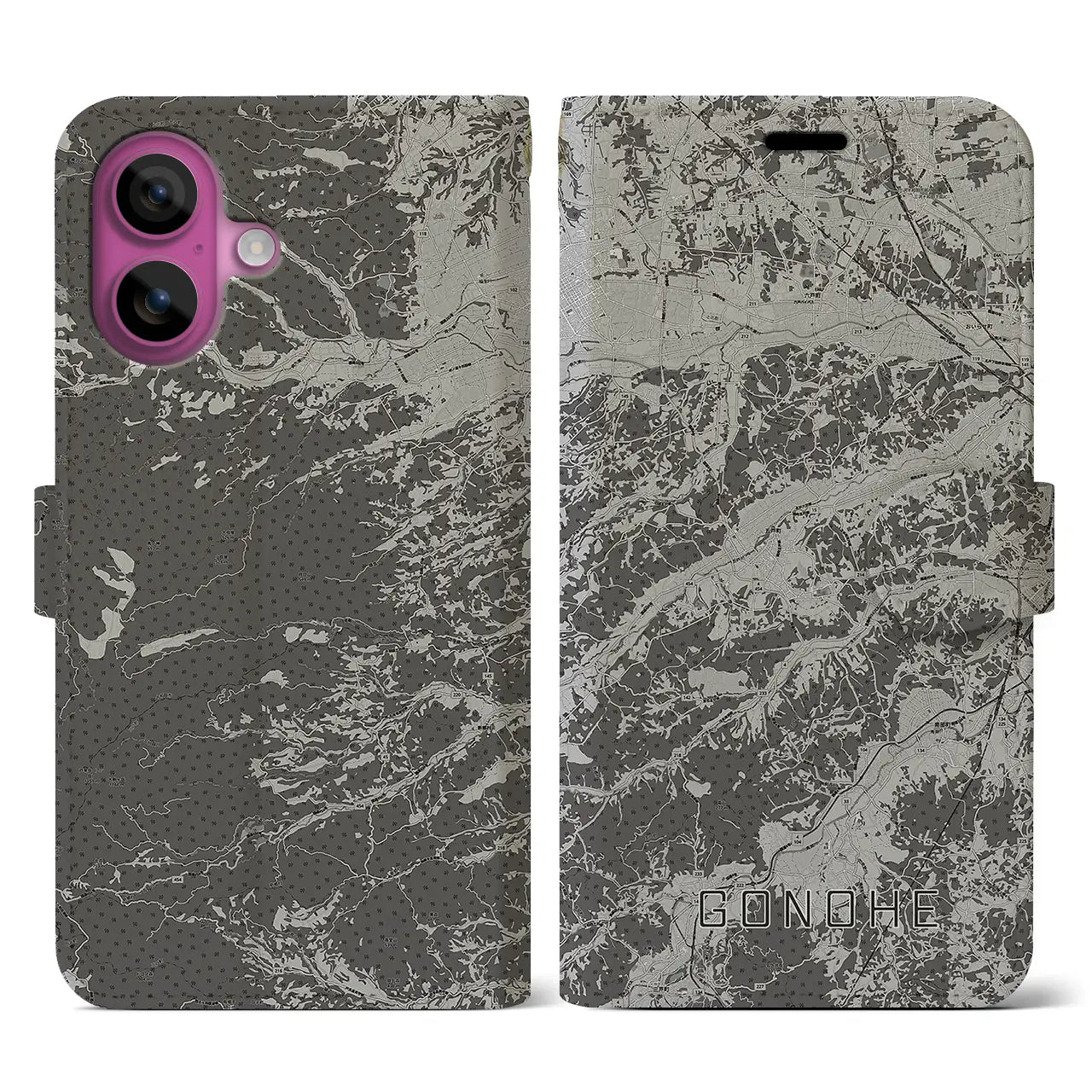 【五戸(青森県)】地図柄iPhoneケース(手帳タイプ)モノトーン・iPhone 16 Pro 用