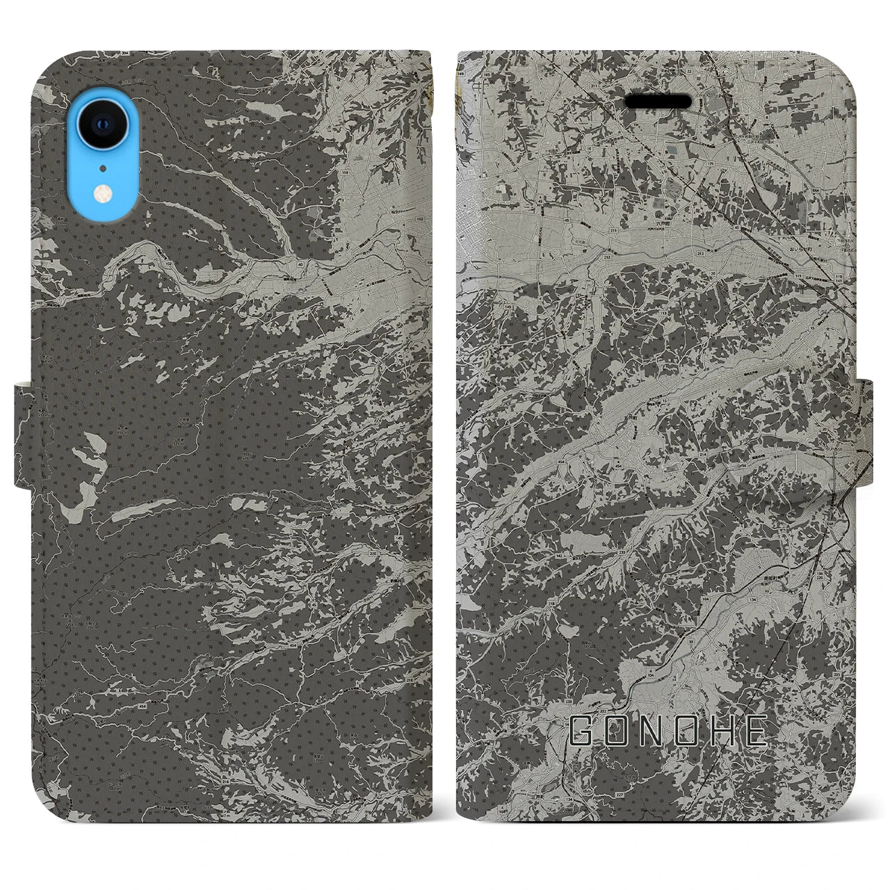 【五戸(青森県)】地図柄iPhoneケース(手帳タイプ)モノトーン・iPhone XR 用
