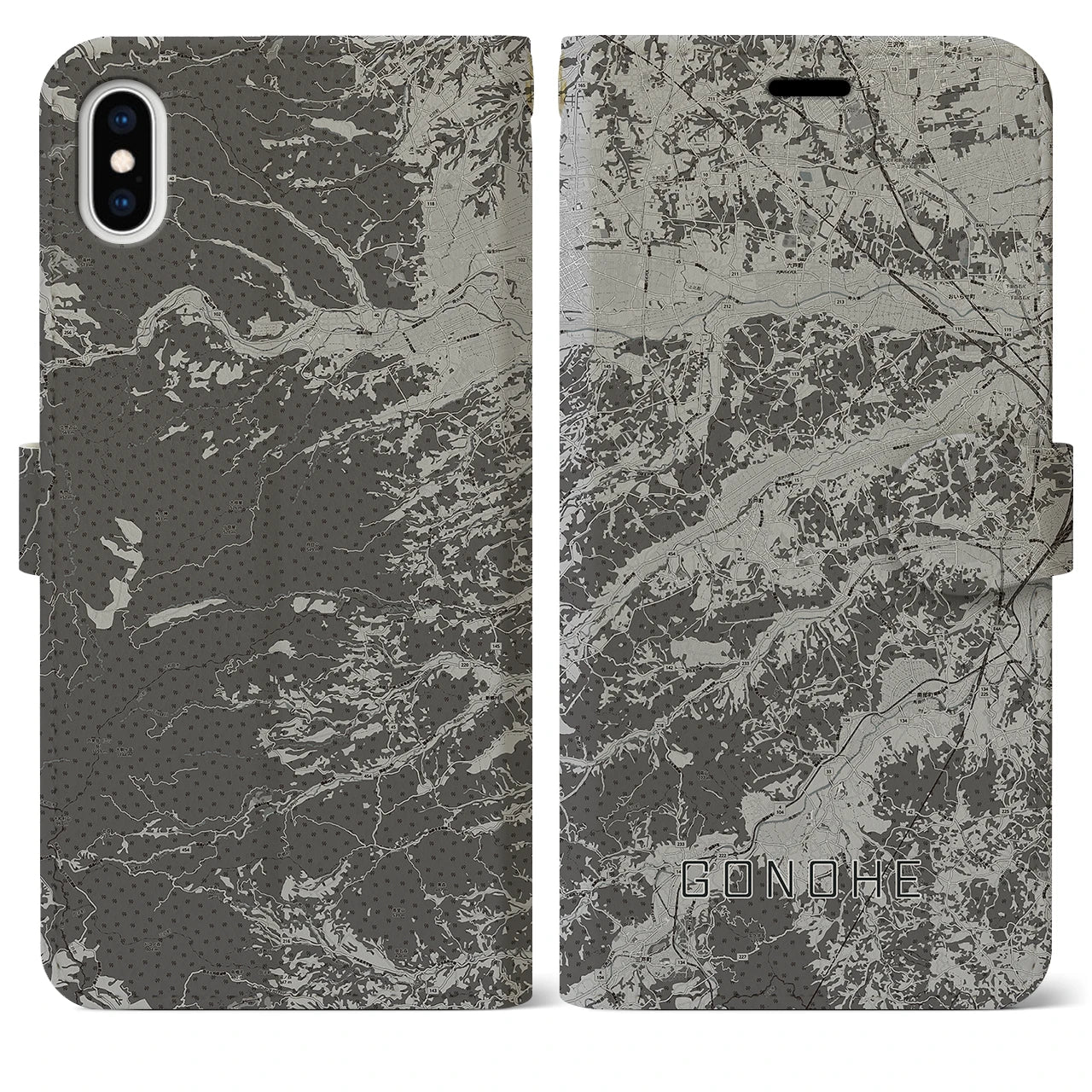 【五戸(青森県)】地図柄iPhoneケース(手帳タイプ)モノトーン・iPhone XS Max 用