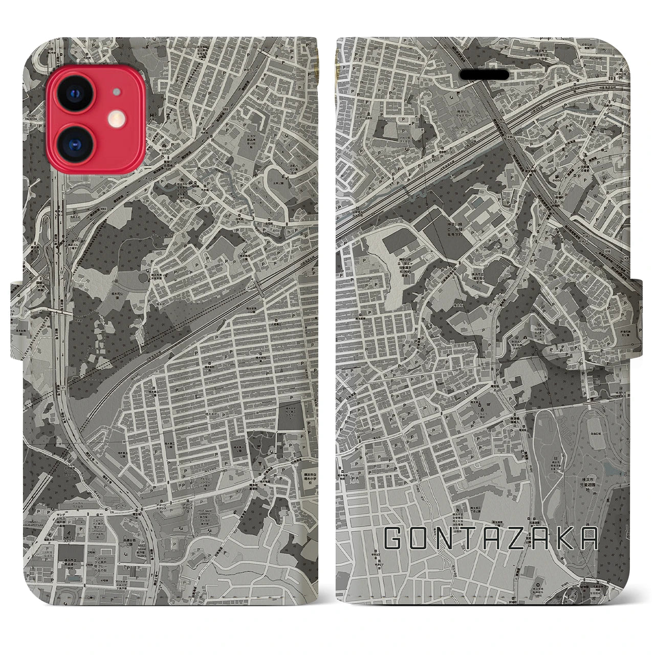 【権太坂(神奈川県)】地図柄iPhoneケース(手帳タイプ)モノトーン・iPhone 11 用