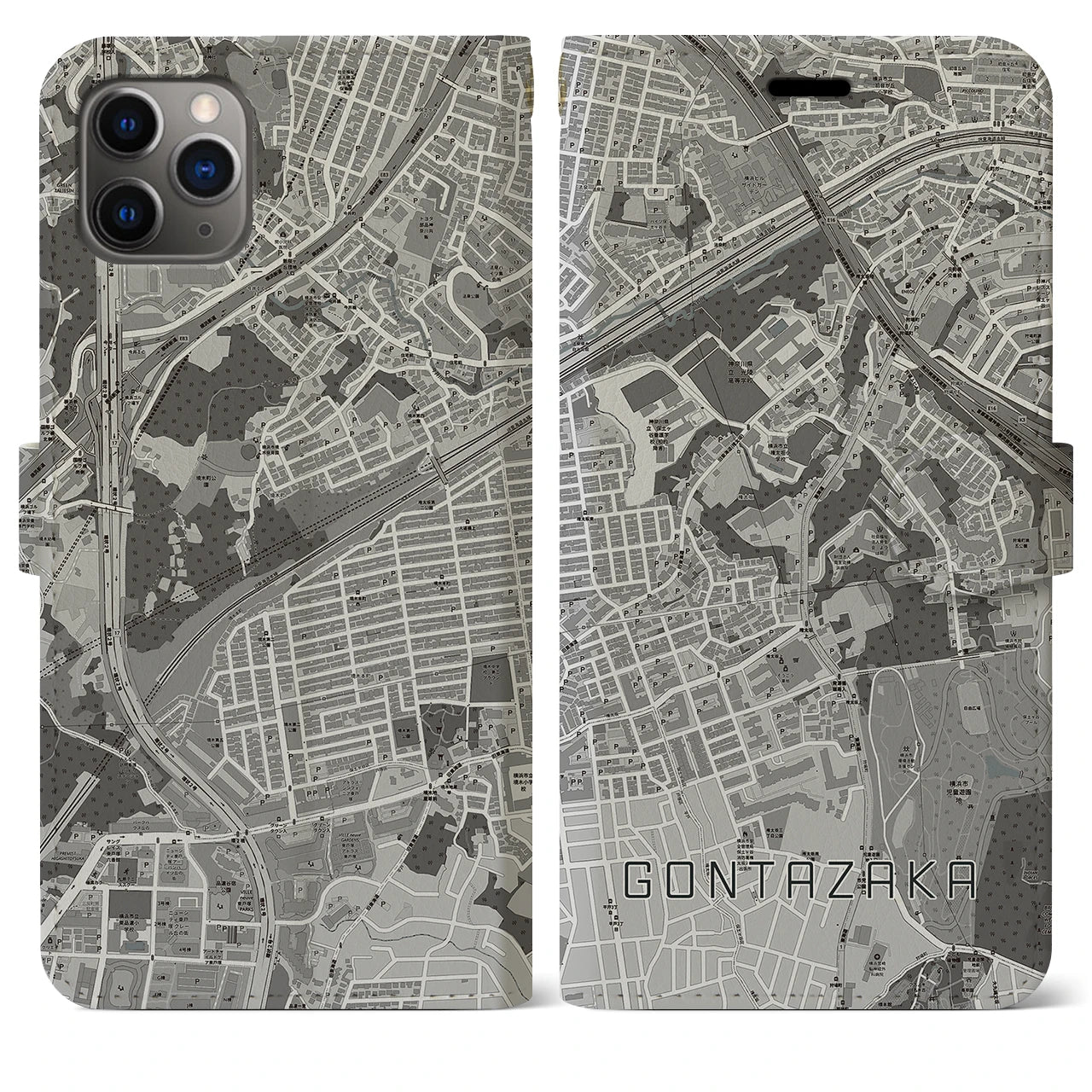 【権太坂(神奈川県)】地図柄iPhoneケース(手帳タイプ)モノトーン・iPhone 11 Pro Max 用