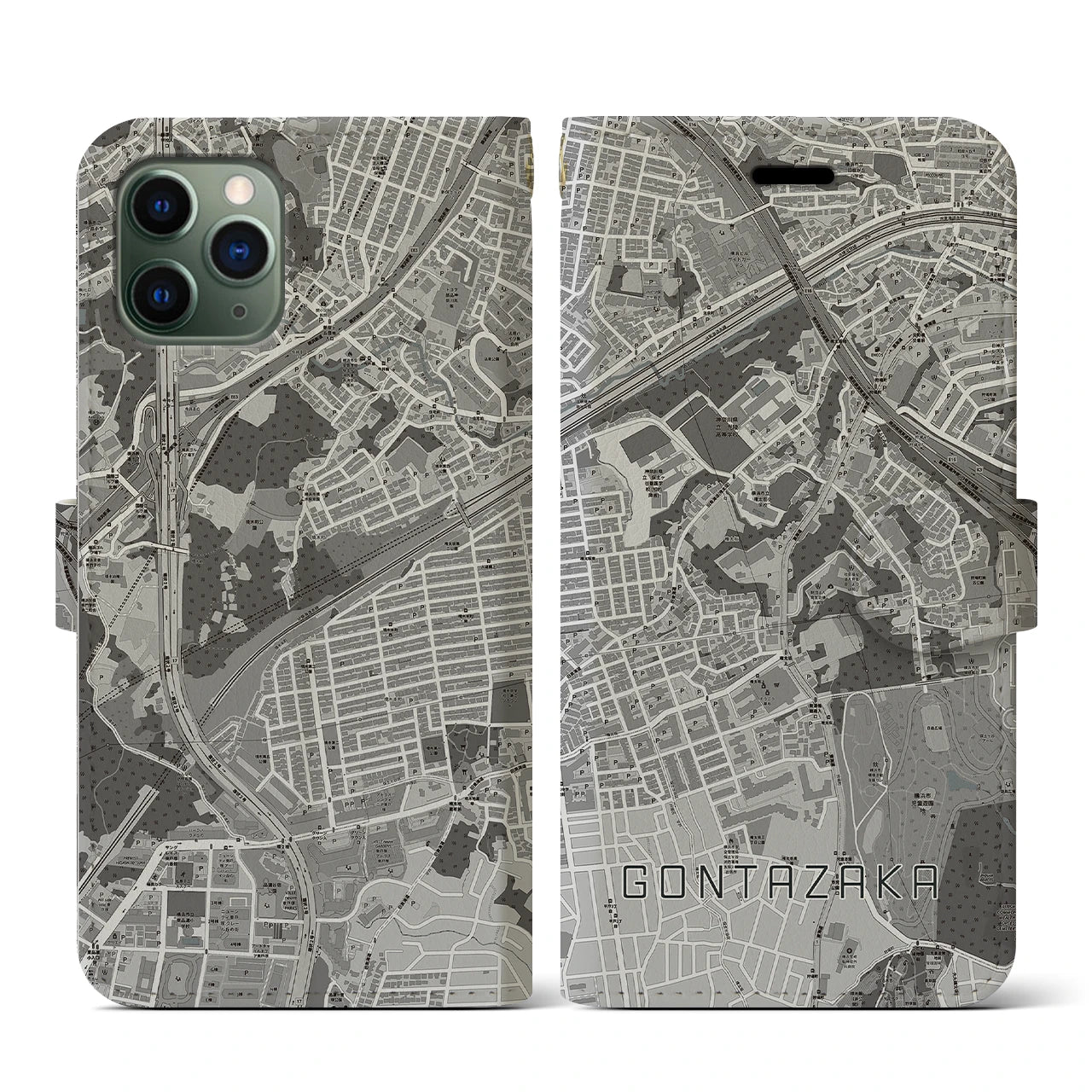 【権太坂(神奈川県)】地図柄iPhoneケース(手帳タイプ)モノトーン・iPhone 11 Pro 用