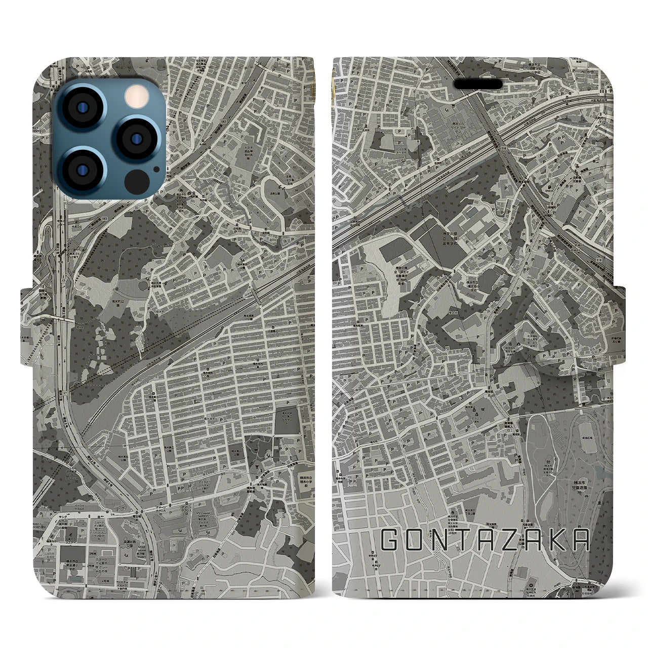 【権太坂(神奈川県)】地図柄iPhoneケース(手帳タイプ)モノトーン・iPhone 12 / 12 Pro 用