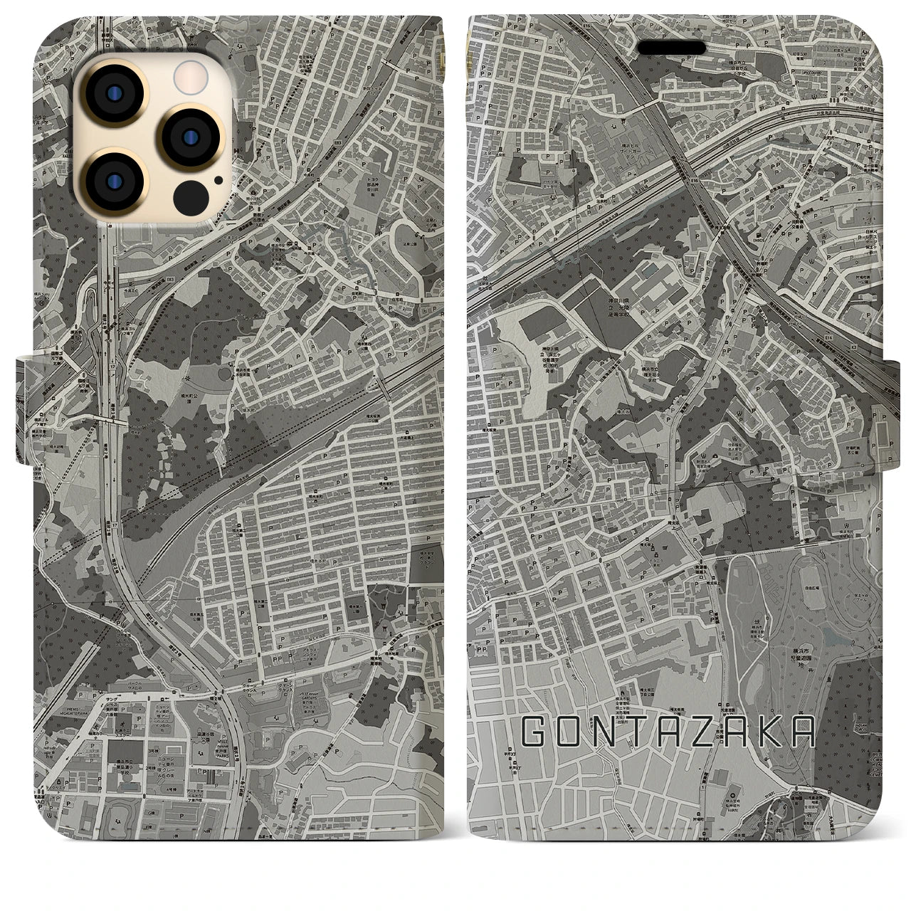 【権太坂(神奈川県)】地図柄iPhoneケース(手帳タイプ)モノトーン・iPhone 12 Pro Max 用