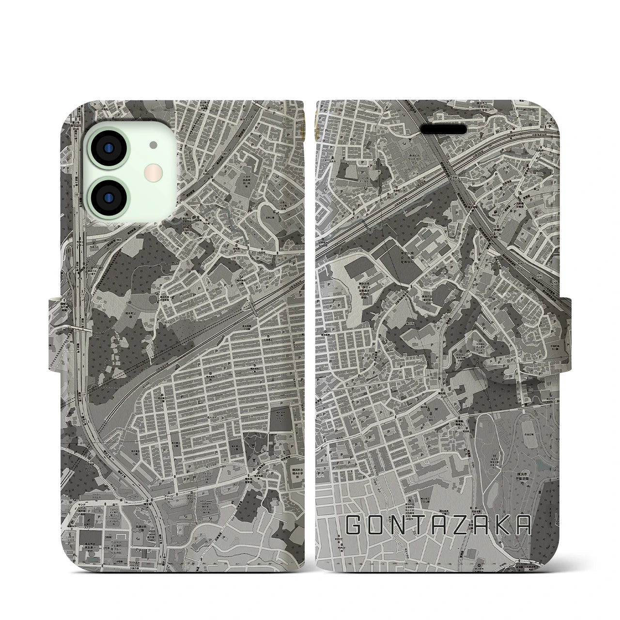 【権太坂(神奈川県)】地図柄iPhoneケース(手帳タイプ)モノトーン・iPhone 12 mini 用