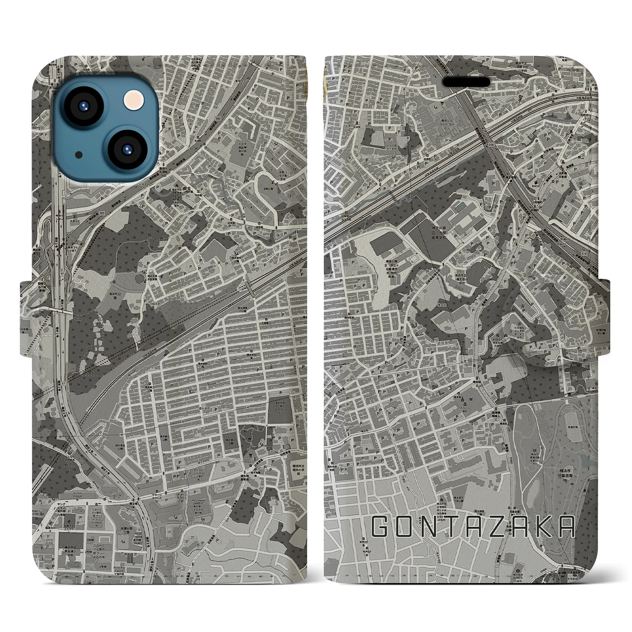 【権太坂(神奈川県)】地図柄iPhoneケース(手帳タイプ)モノトーン・iPhone 13 用