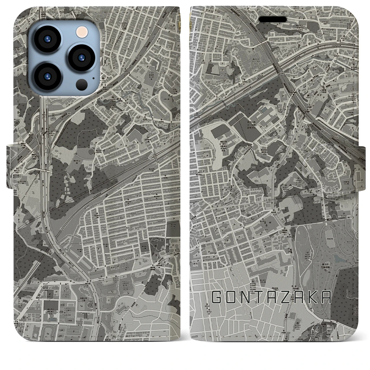 【権太坂(神奈川県)】地図柄iPhoneケース(手帳タイプ)モノトーン・iPhone 13 Pro Max 用