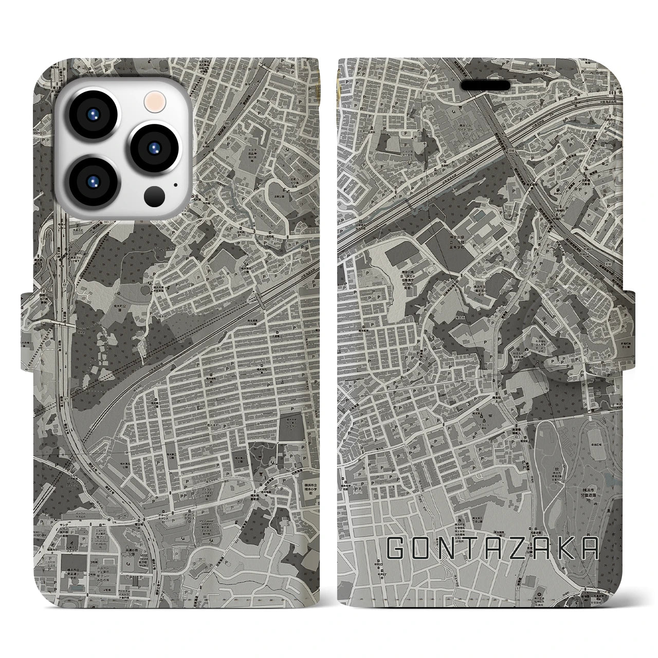 【権太坂(神奈川県)】地図柄iPhoneケース(手帳タイプ)モノトーン・iPhone 13 Pro 用