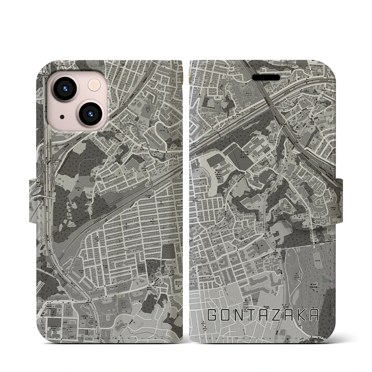 【権太坂(神奈川県)】地図柄iPhoneケース(手帳タイプ)モノトーン・iPhone 13 mini 用