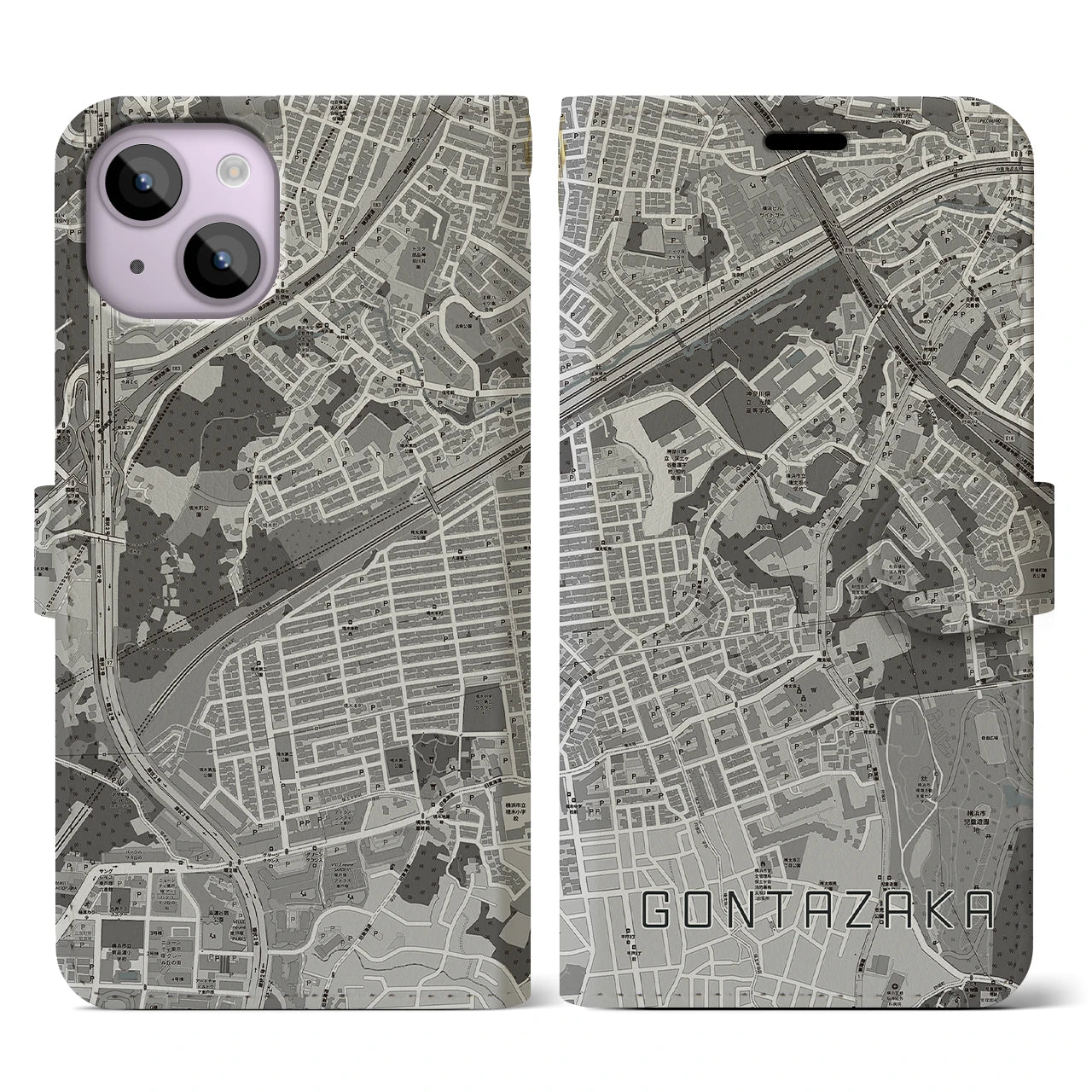 【権太坂(神奈川県)】地図柄iPhoneケース(手帳タイプ)モノトーン・iPhone 14 用