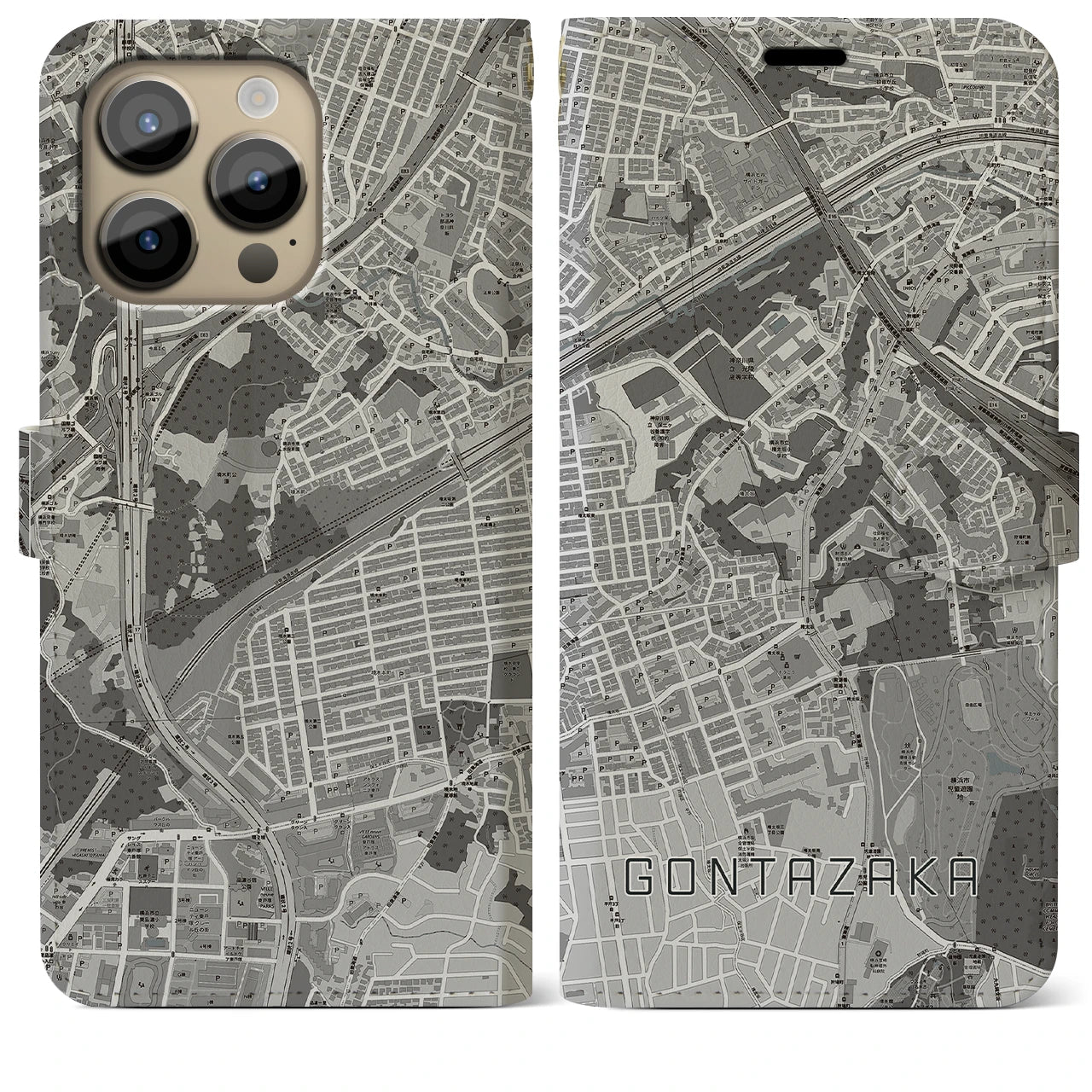 【権太坂(神奈川県)】地図柄iPhoneケース(手帳タイプ)モノトーン・iPhone 14 Pro Max 用