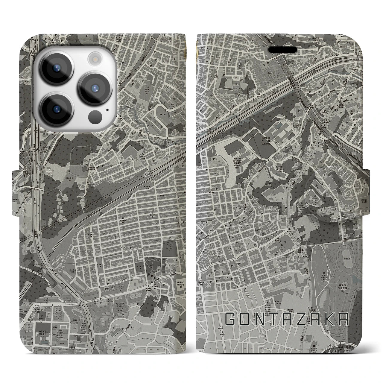 【権太坂(神奈川県)】地図柄iPhoneケース(手帳タイプ)モノトーン・iPhone 14 Pro 用