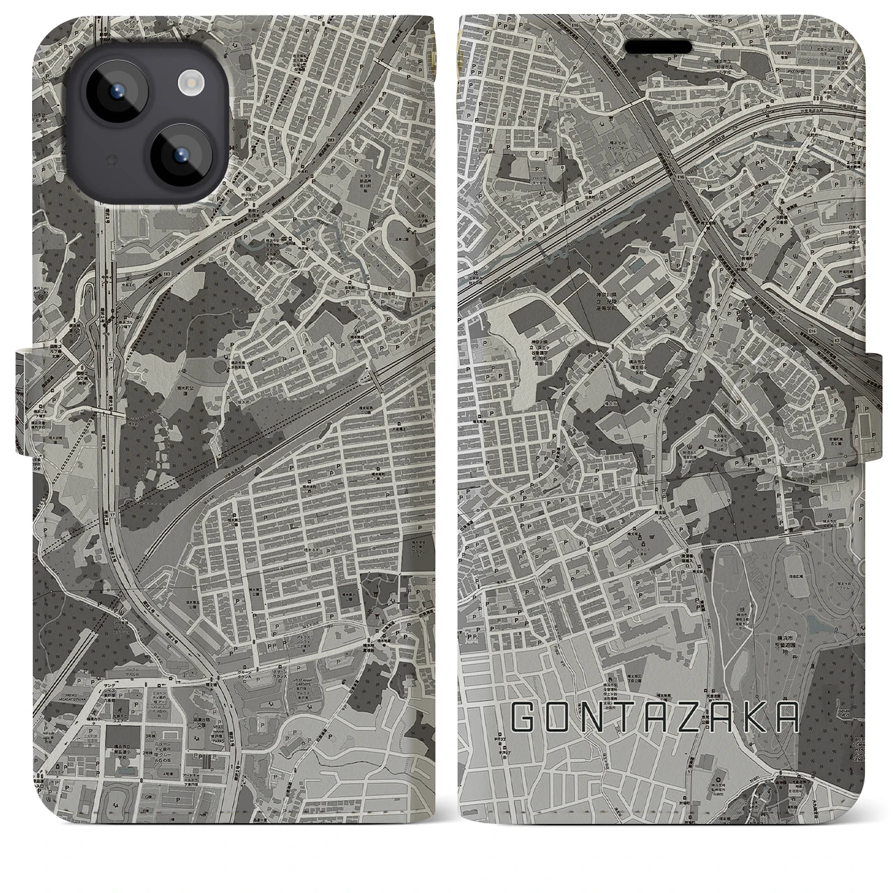 【権太坂(神奈川県)】地図柄iPhoneケース(手帳タイプ)モノトーン・iPhone 14 Plus 用