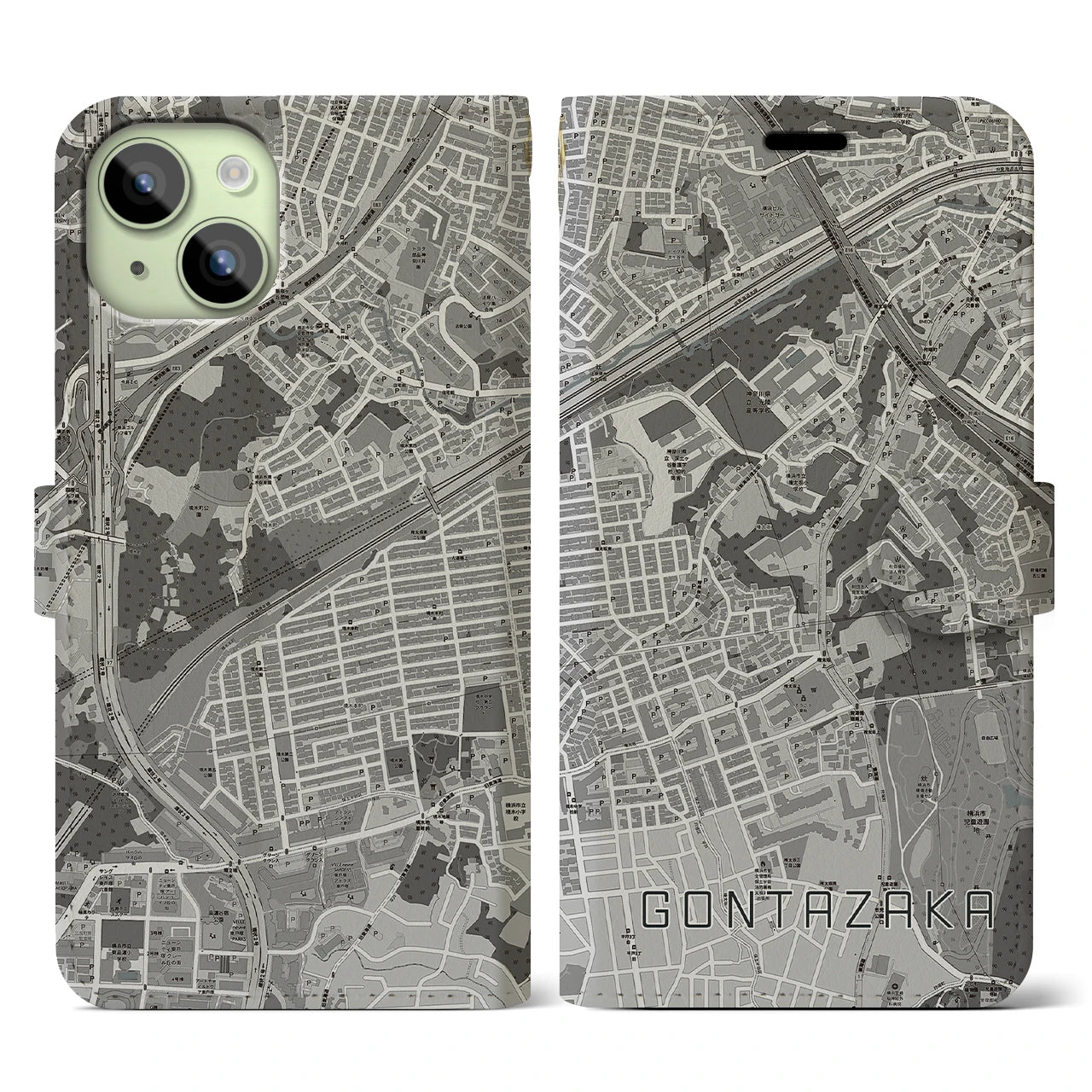 【権太坂(神奈川県)】地図柄iPhoneケース(手帳タイプ)モノトーン・iPhone 15 用