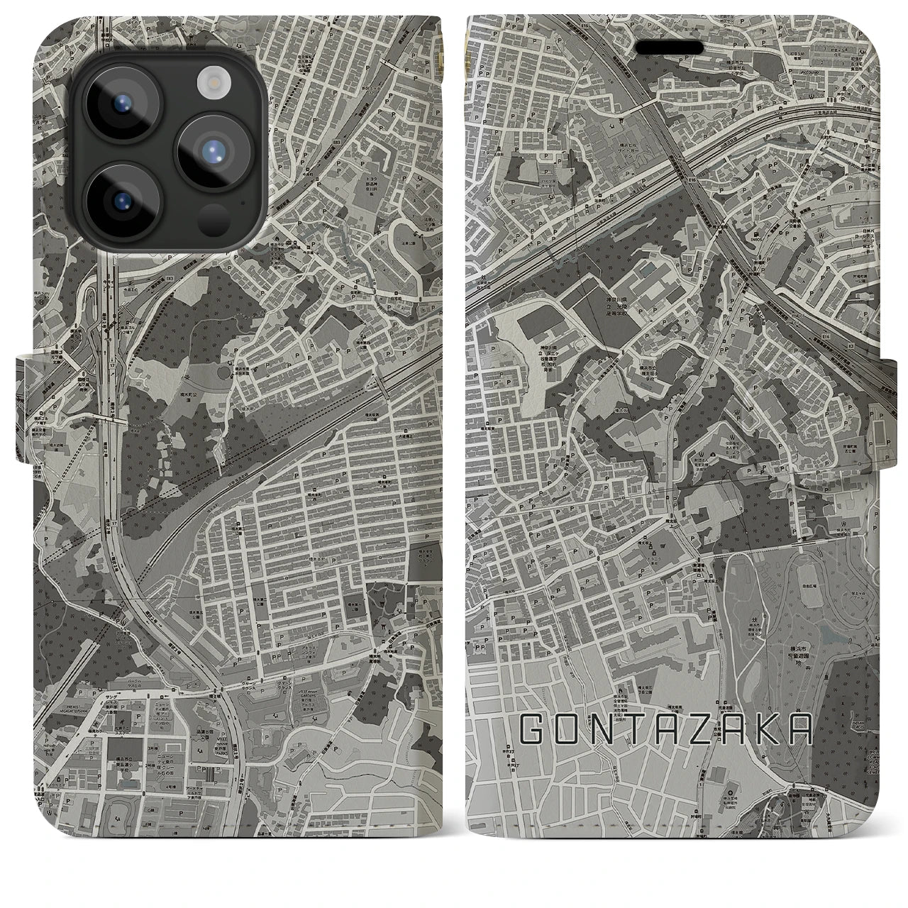 【権太坂(神奈川県)】地図柄iPhoneケース(手帳タイプ)モノトーン・iPhone 15 Pro Max 用