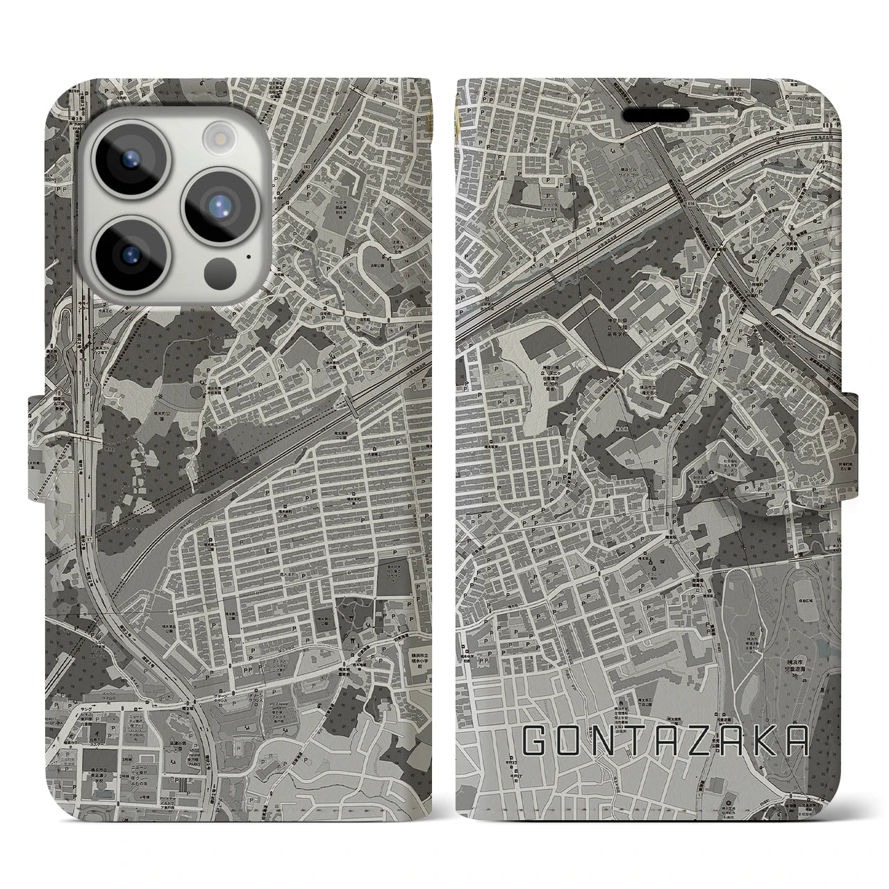 【権太坂(神奈川県)】地図柄iPhoneケース(手帳タイプ)モノトーン・iPhone 15 Pro 用