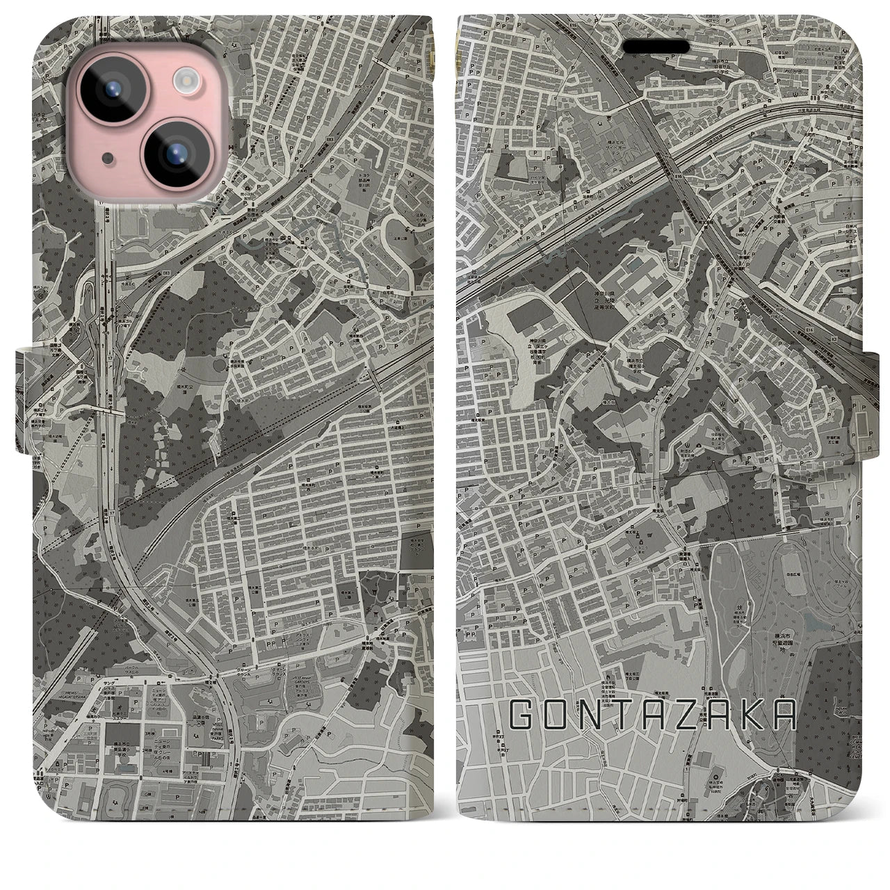 【権太坂(神奈川県)】地図柄iPhoneケース(手帳タイプ)モノトーン・iPhone 15 Plus 用