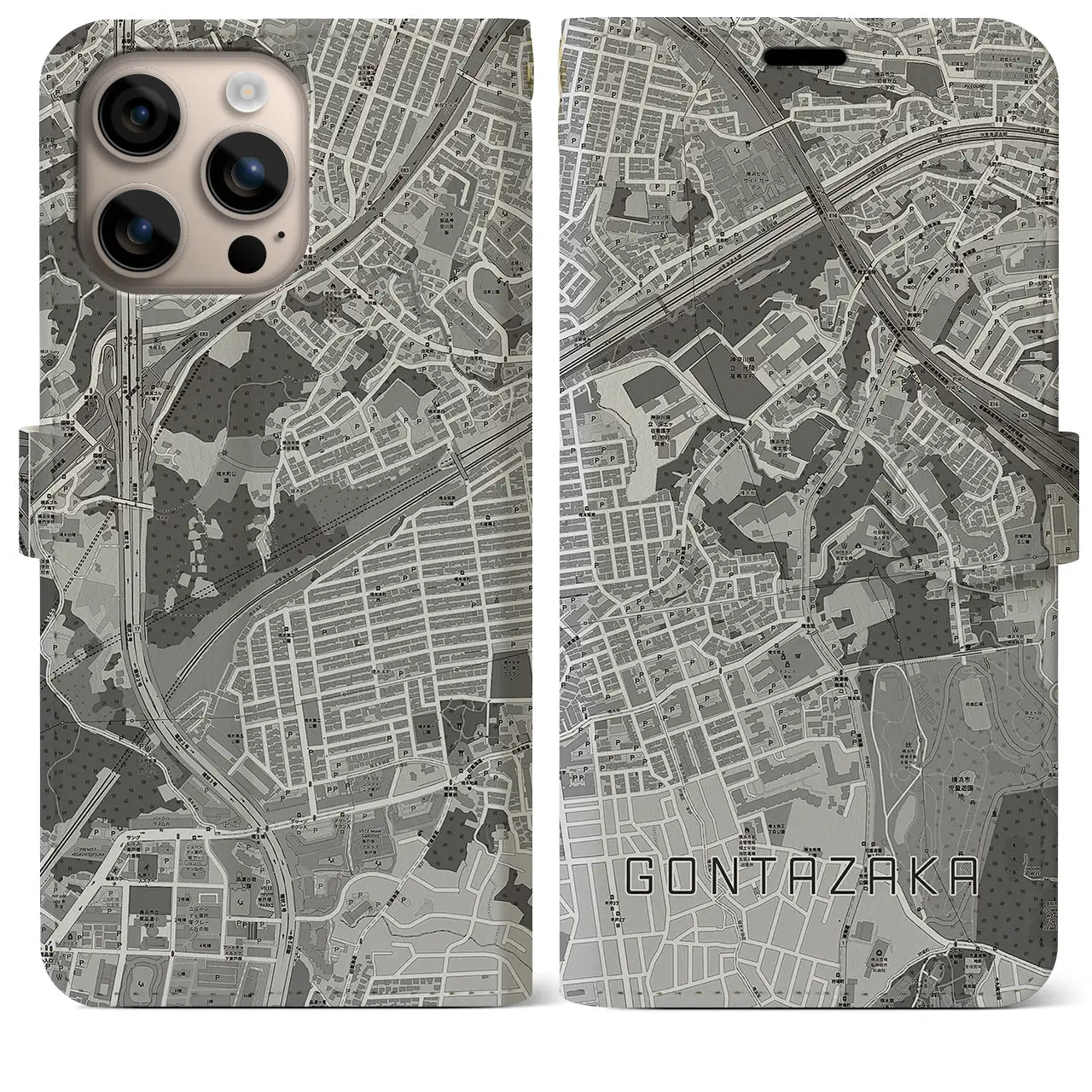 【権太坂(神奈川県)】地図柄iPhoneケース(手帳タイプ)モノトーン・iPhone 16 Plus 用