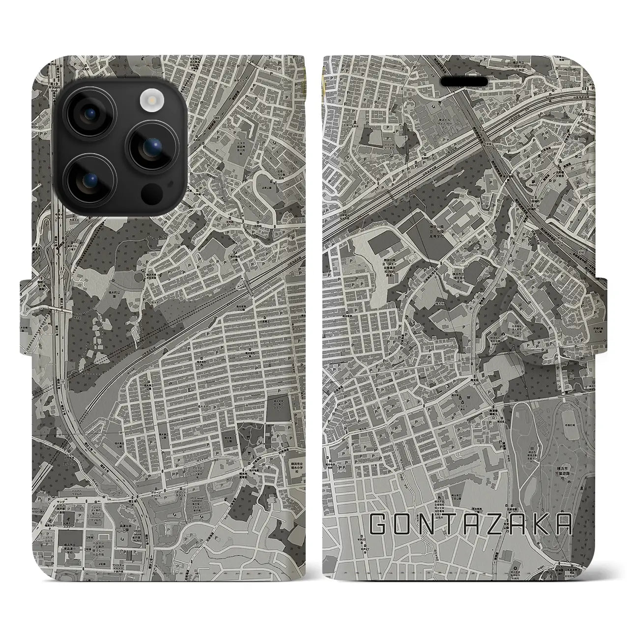 【権太坂(神奈川県)】地図柄iPhoneケース(手帳タイプ)モノトーン・iPhone 16 用