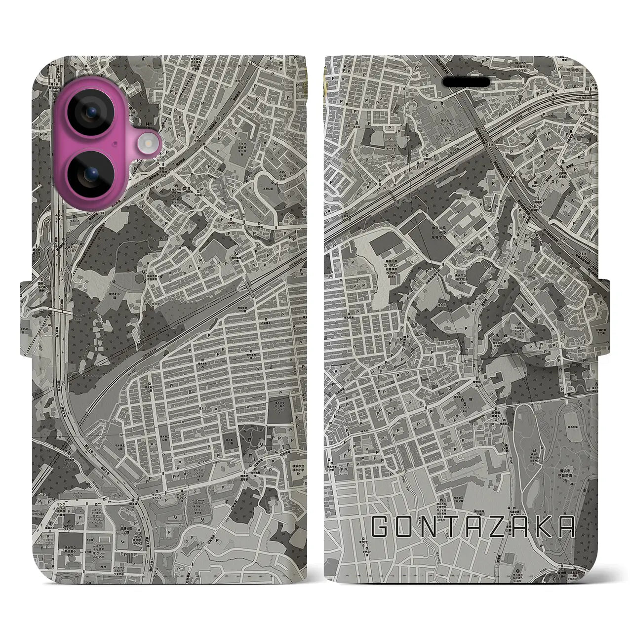 【権太坂(神奈川県)】地図柄iPhoneケース(手帳タイプ)モノトーン・iPhone 16 Pro 用