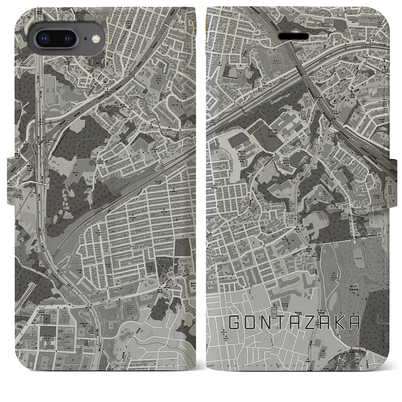 【権太坂(神奈川県)】地図柄iPhoneケース(手帳タイプ)モノトーン・iPhone 8Plus /7Plus / 6sPlus / 6Plus 用