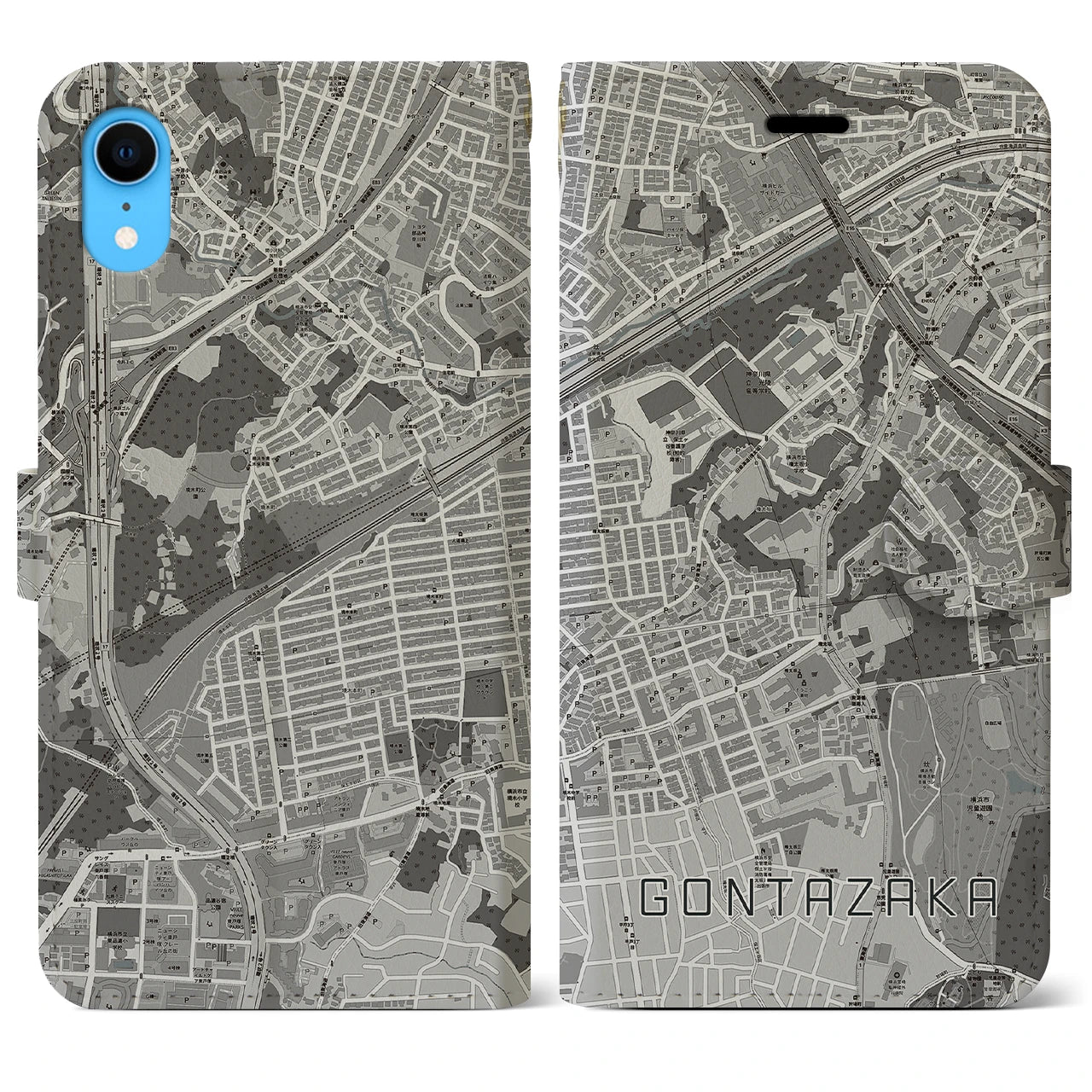 【権太坂(神奈川県)】地図柄iPhoneケース(手帳タイプ)モノトーン・iPhone XR 用