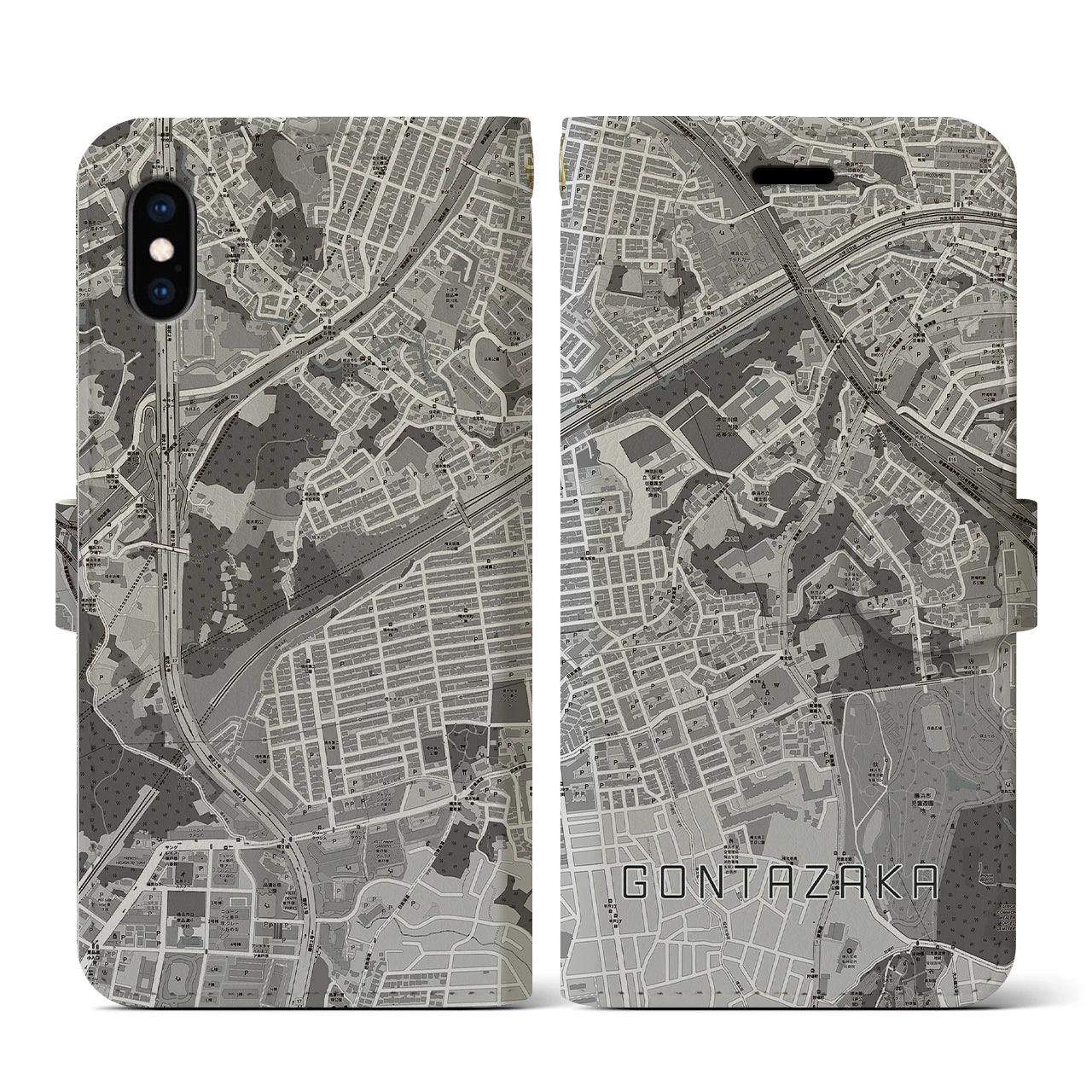 【権太坂(神奈川県)】地図柄iPhoneケース(手帳タイプ)モノトーン・iPhone XS / X 用