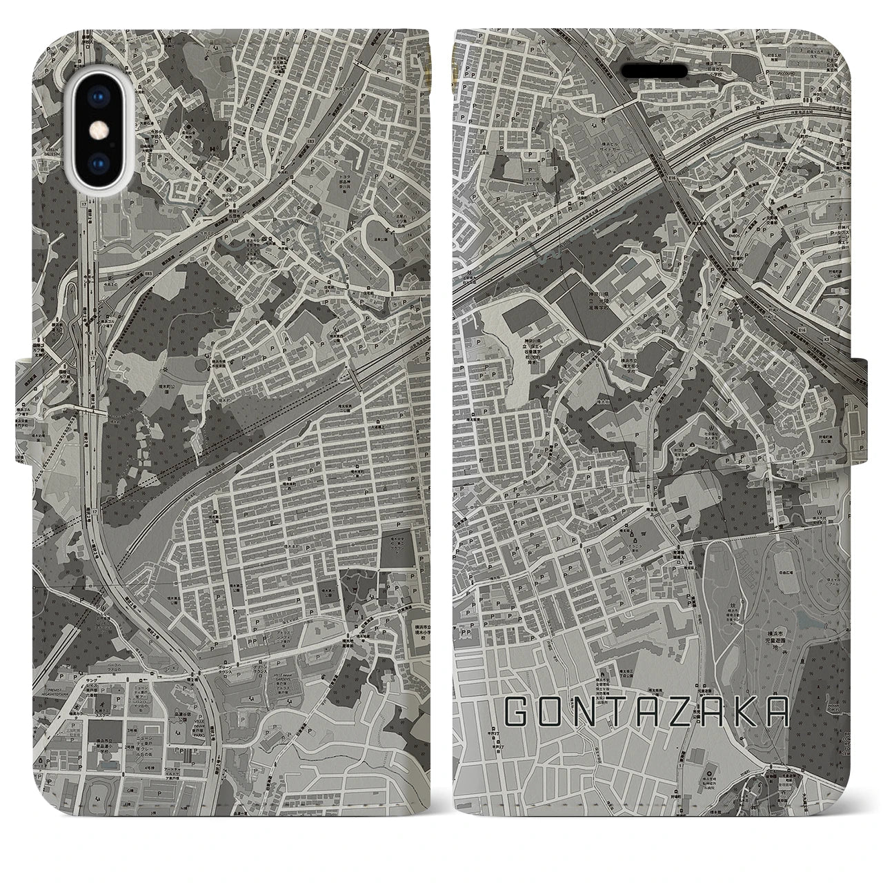 【権太坂(神奈川県)】地図柄iPhoneケース(手帳タイプ)モノトーン・iPhone XS Max 用