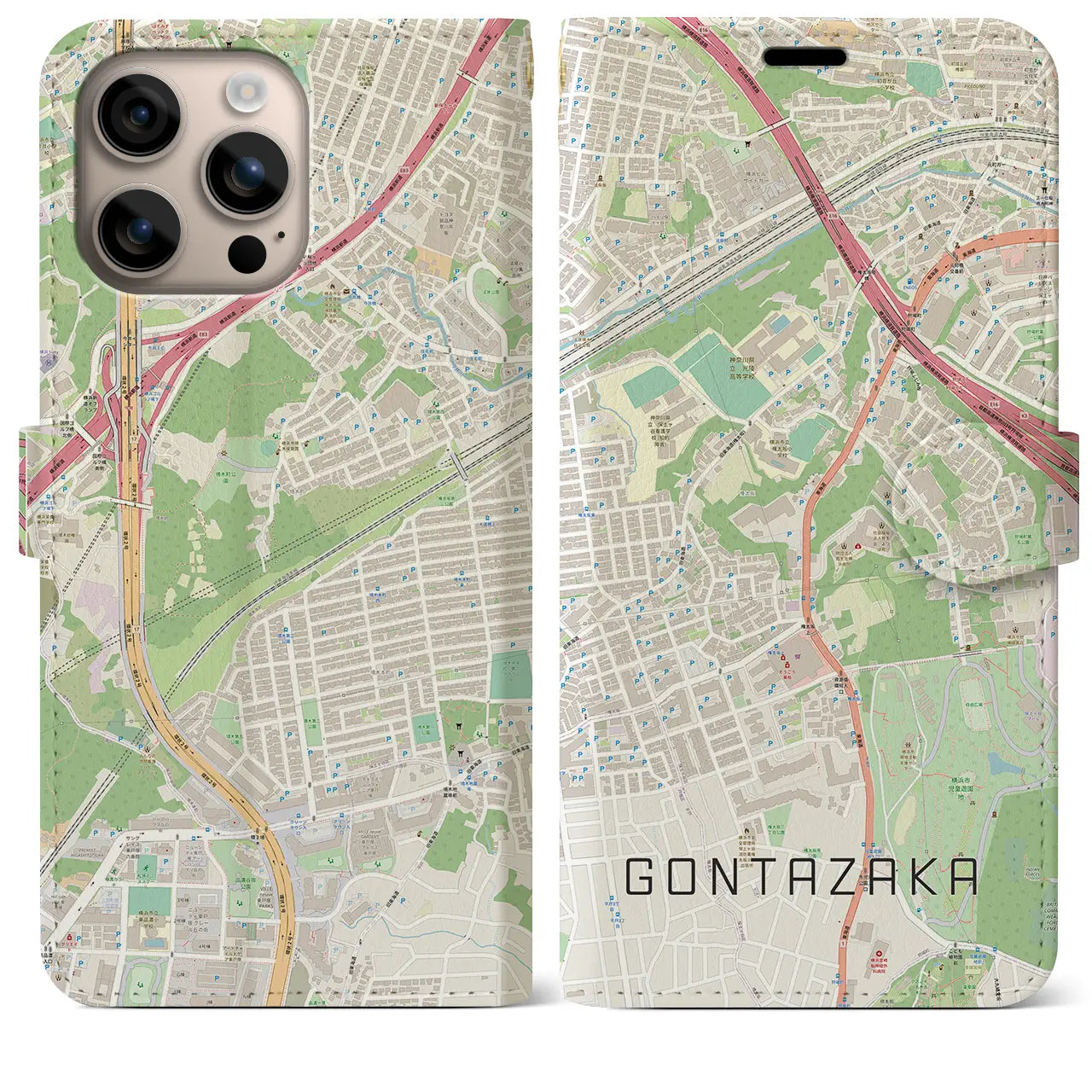 【権太坂(神奈川県)】地図柄iPhoneケース(手帳タイプ)ナチュラル・iPhone 16 Plus 用