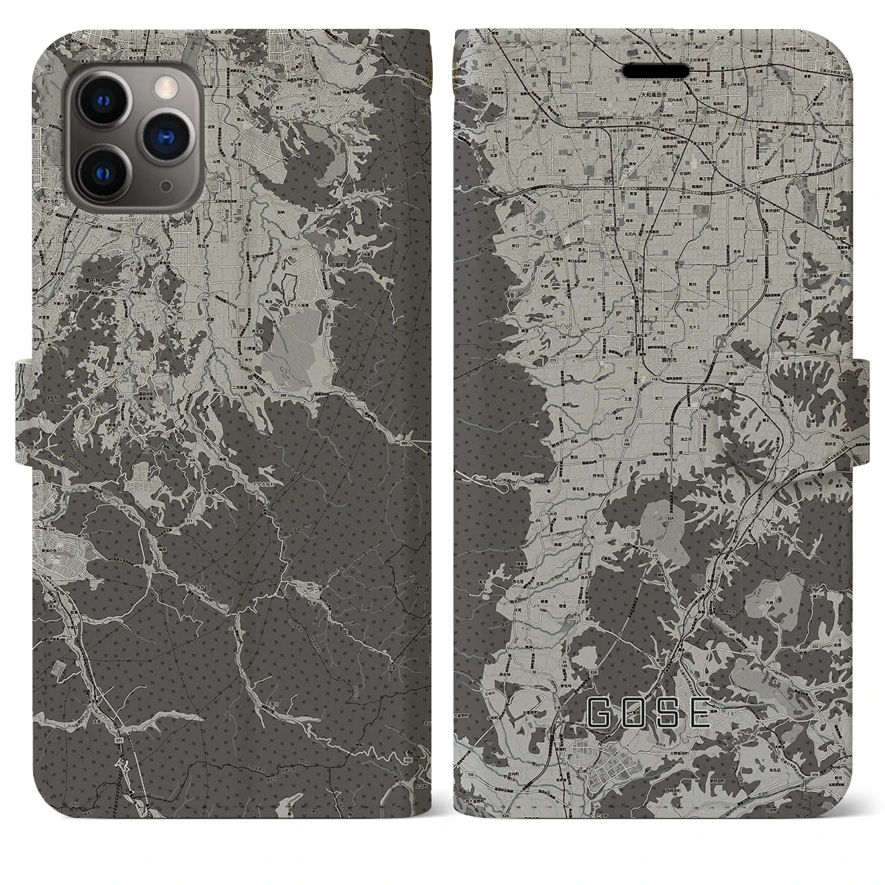 【御所(奈良県)】地図柄iPhoneケース(手帳タイプ)モノトーン・iPhone 11 Pro Max 用