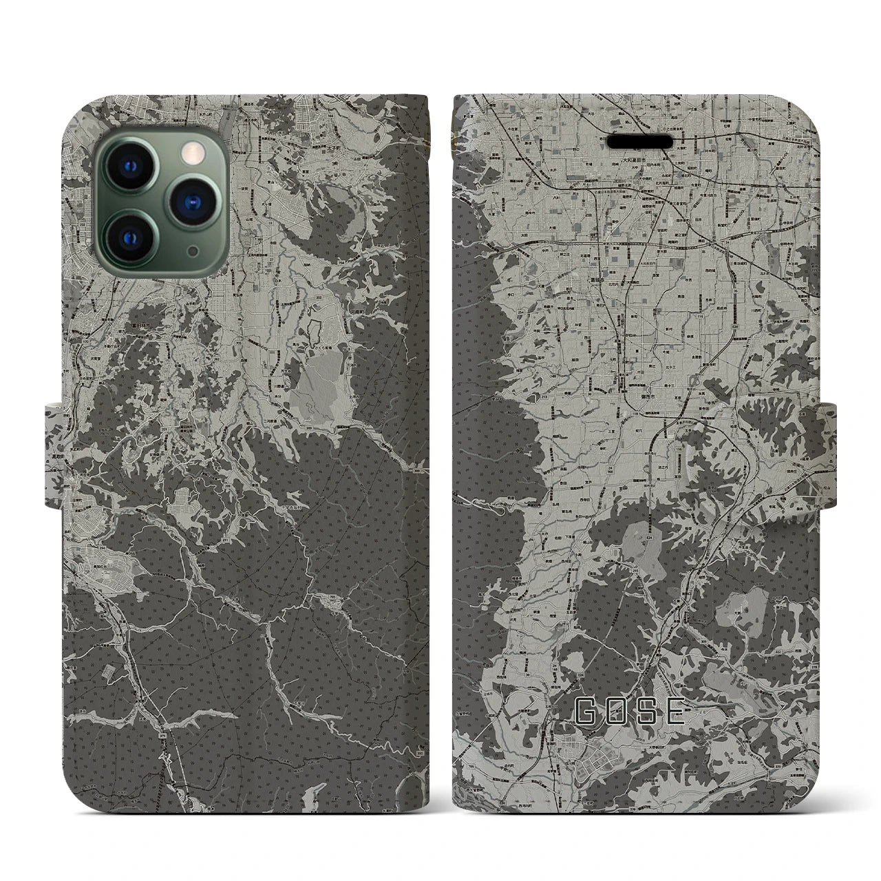【御所(奈良県)】地図柄iPhoneケース(手帳タイプ)モノトーン・iPhone 11 Pro 用