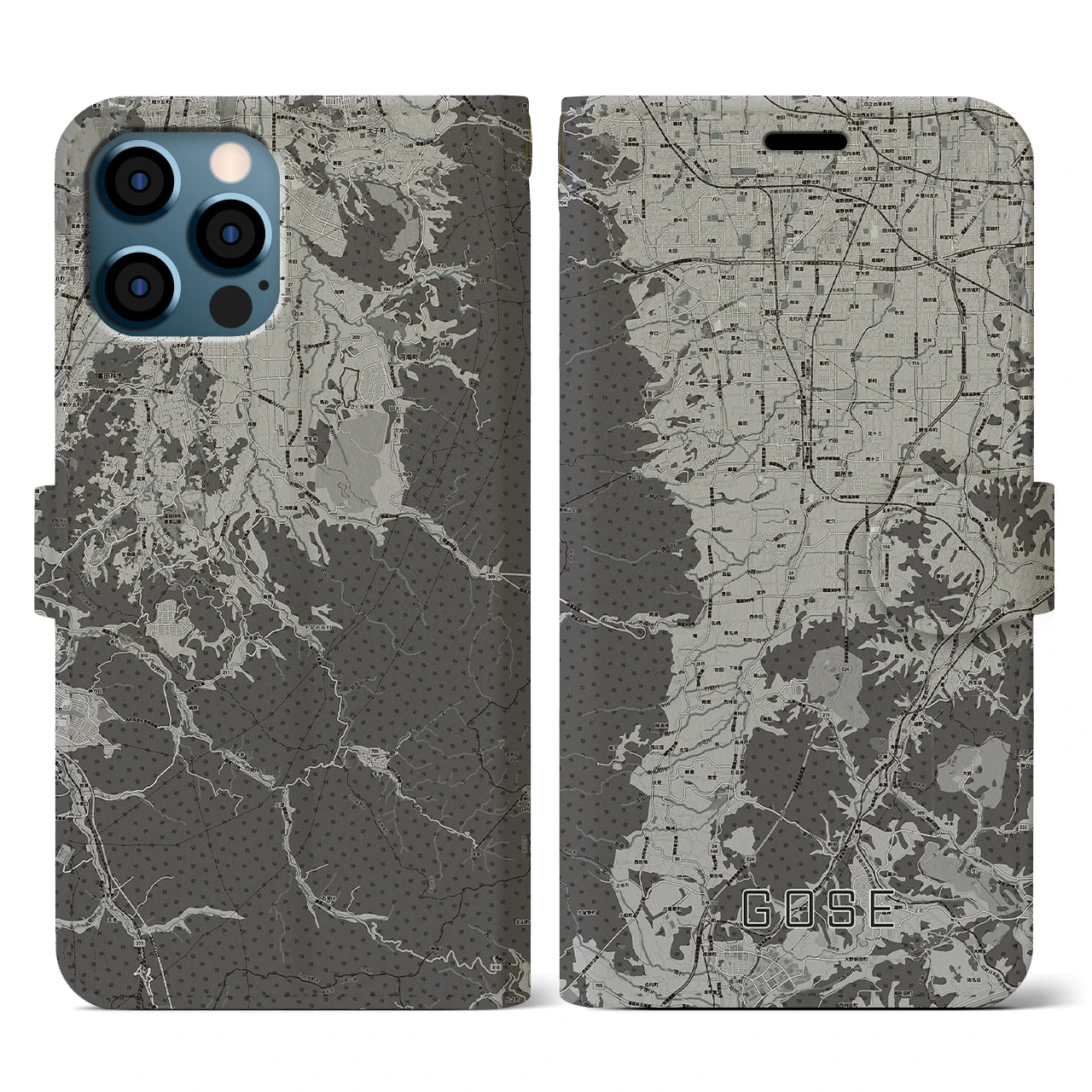 【御所(奈良県)】地図柄iPhoneケース(手帳タイプ)モノトーン・iPhone 12 / 12 Pro 用