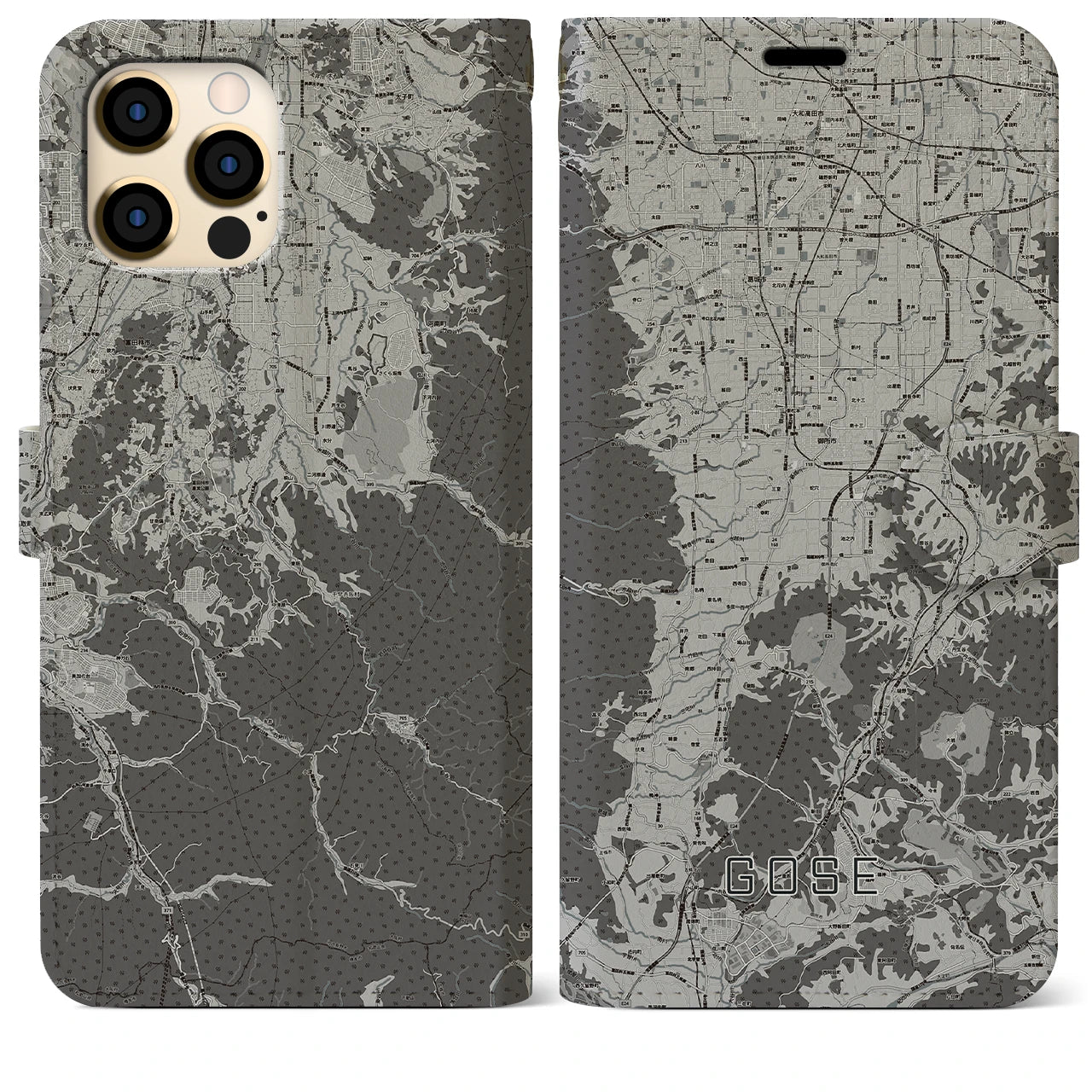 【御所(奈良県)】地図柄iPhoneケース(手帳タイプ)モノトーン・iPhone 12 Pro Max 用