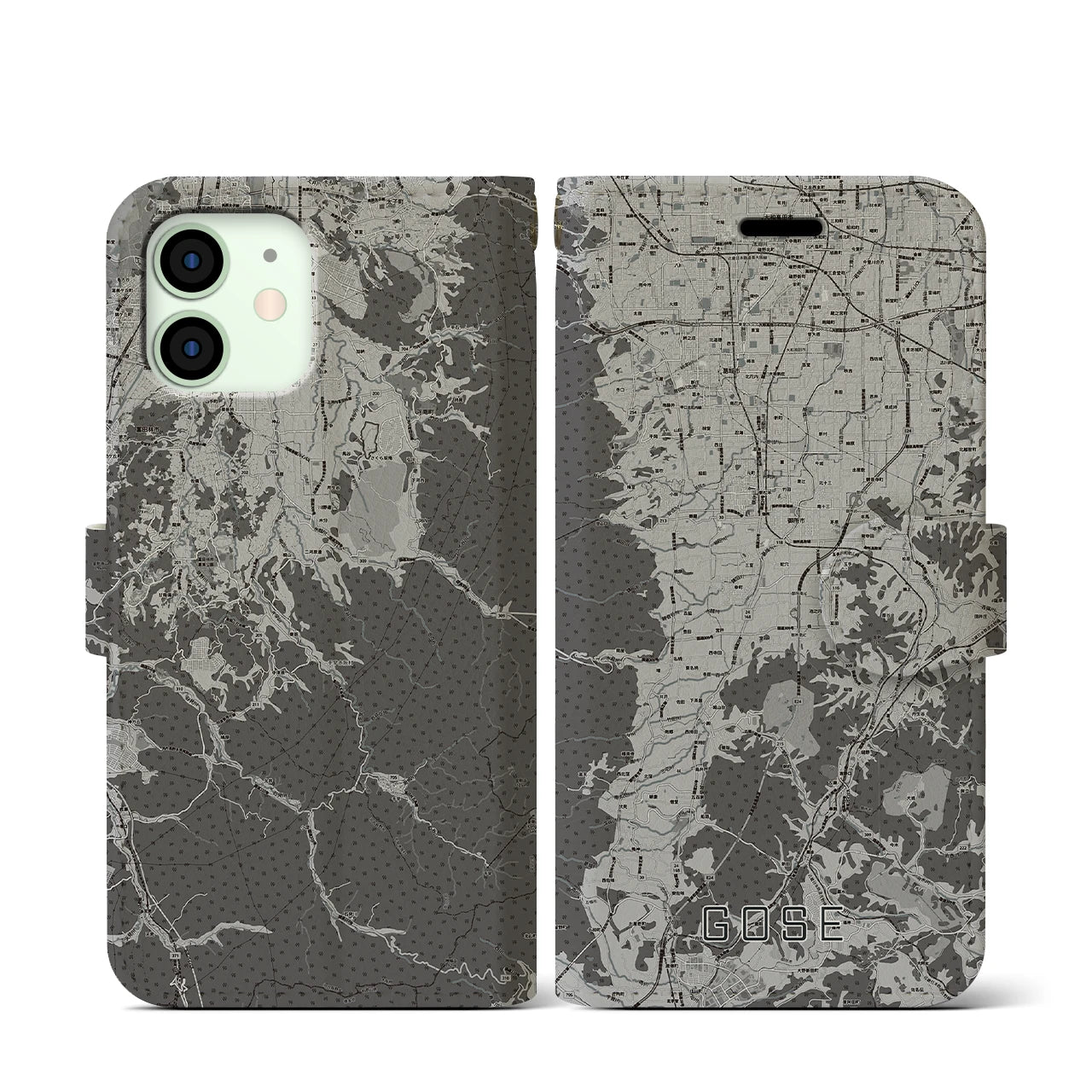 【御所(奈良県)】地図柄iPhoneケース(手帳タイプ)モノトーン・iPhone 12 mini 用