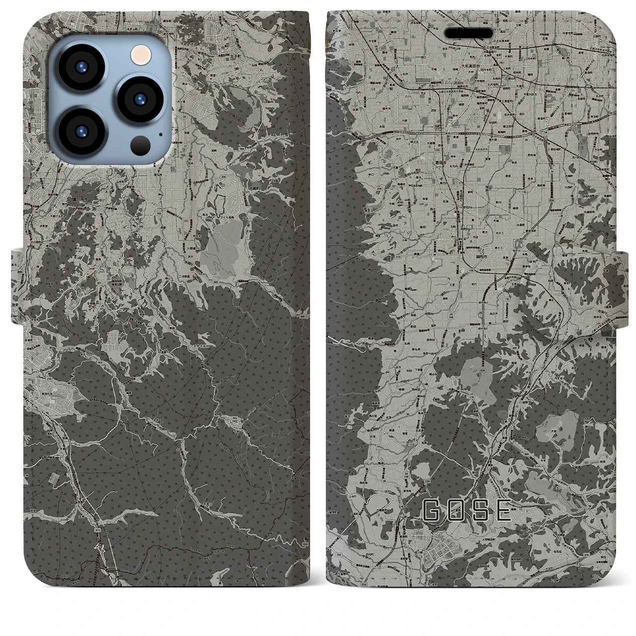 【御所(奈良県)】地図柄iPhoneケース(手帳タイプ)モノトーン・iPhone 13 Pro Max 用