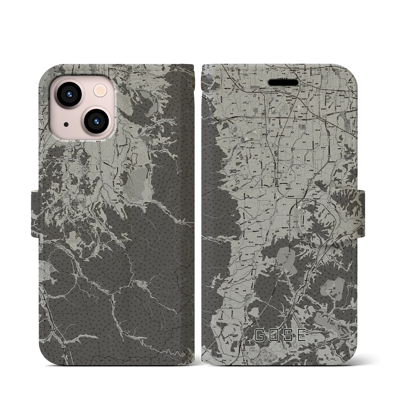 【御所(奈良県)】地図柄iPhoneケース(手帳タイプ)モノトーン・iPhone 13 mini 用