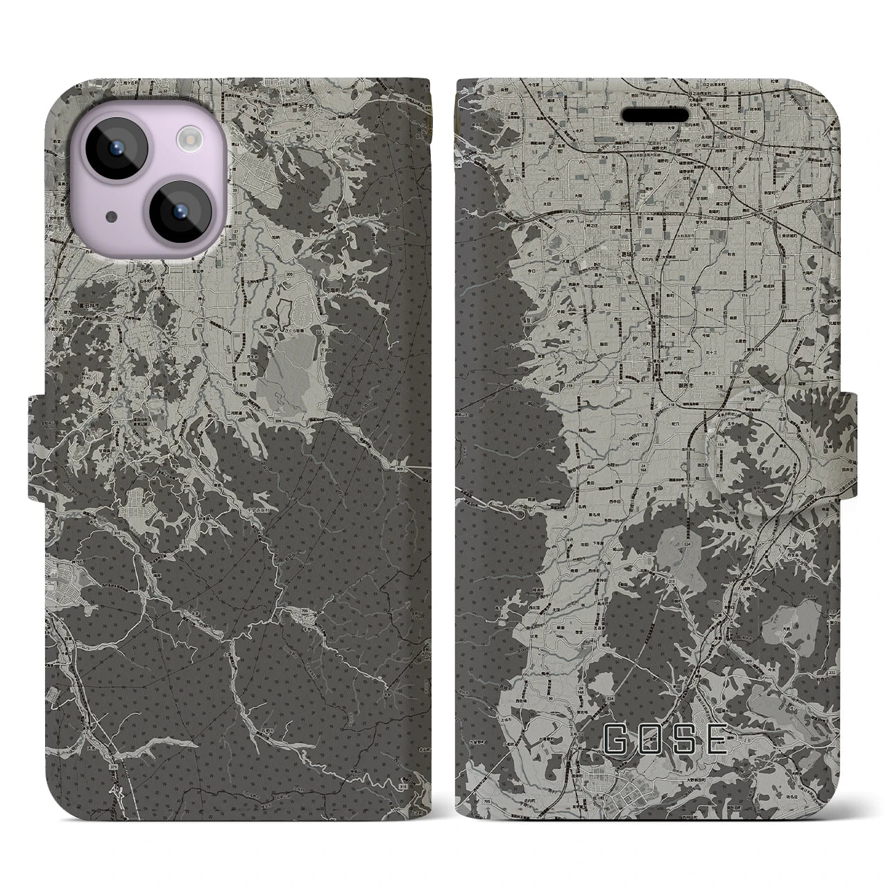 【御所(奈良県)】地図柄iPhoneケース(手帳タイプ)モノトーン・iPhone 14 用