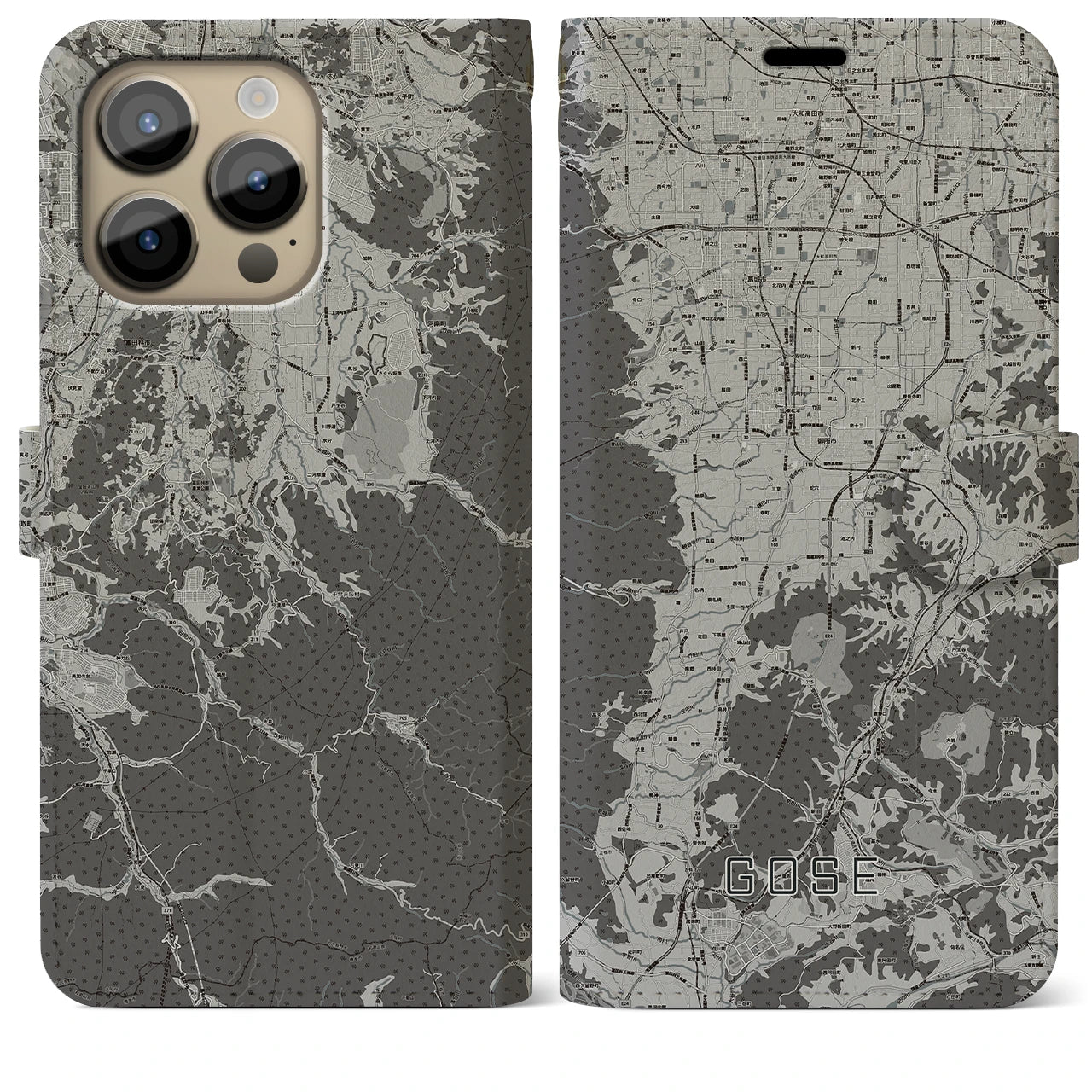 【御所(奈良県)】地図柄iPhoneケース(手帳タイプ)モノトーン・iPhone 14 Pro Max 用