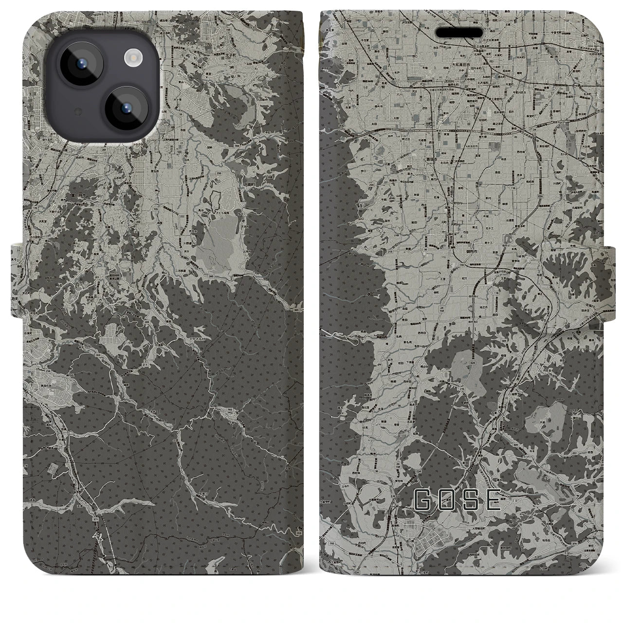 【御所(奈良県)】地図柄iPhoneケース(手帳タイプ)モノトーン・iPhone 14 Plus 用