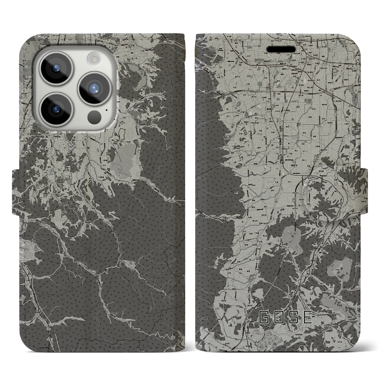 【御所(奈良県)】地図柄iPhoneケース(手帳タイプ)モノトーン・iPhone 15 Pro 用