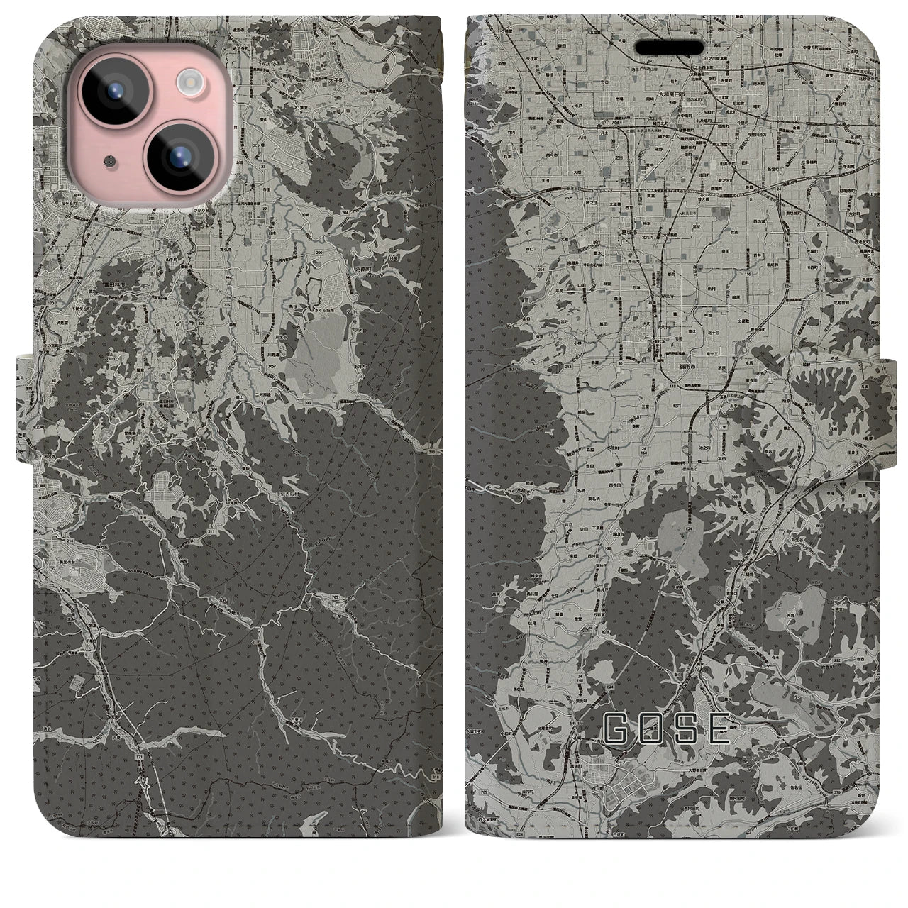 【御所(奈良県)】地図柄iPhoneケース(手帳タイプ)モノトーン・iPhone 15 Plus 用