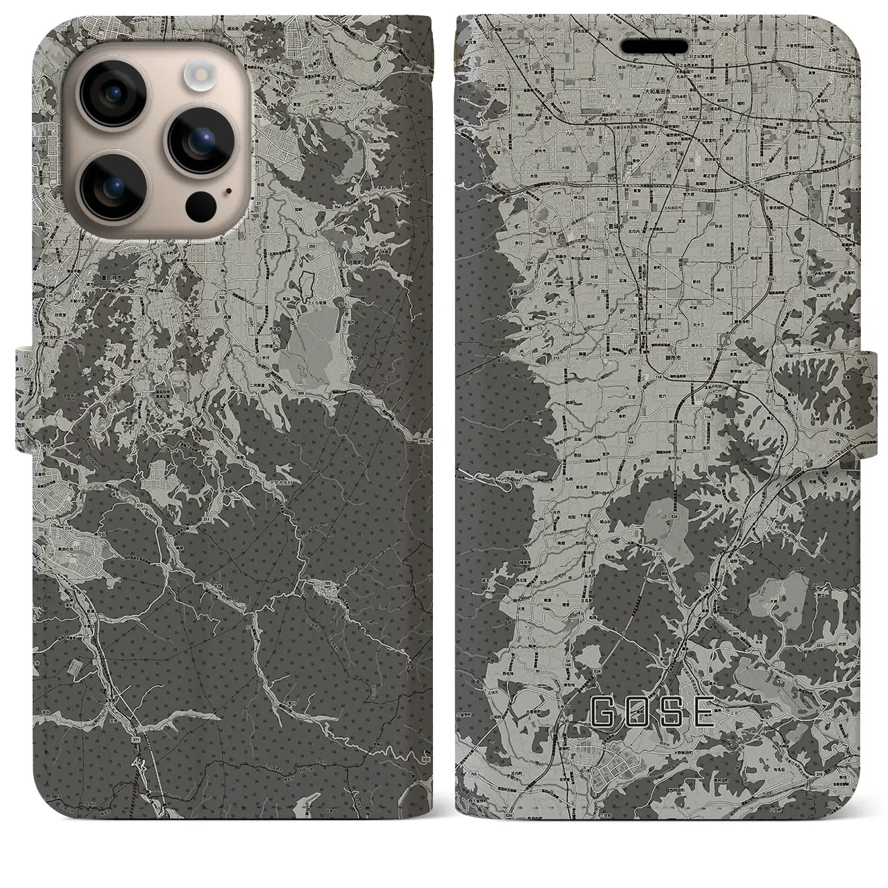 【御所(奈良県)】地図柄iPhoneケース(手帳タイプ)モノトーン・iPhone 16 Plus 用