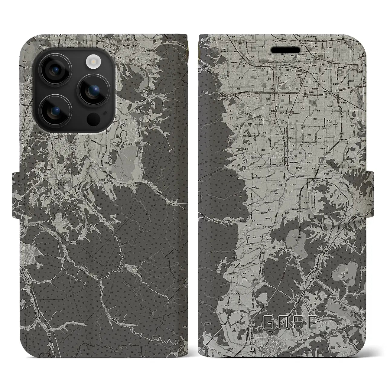 【御所(奈良県)】地図柄iPhoneケース(手帳タイプ)モノトーン・iPhone 16 用