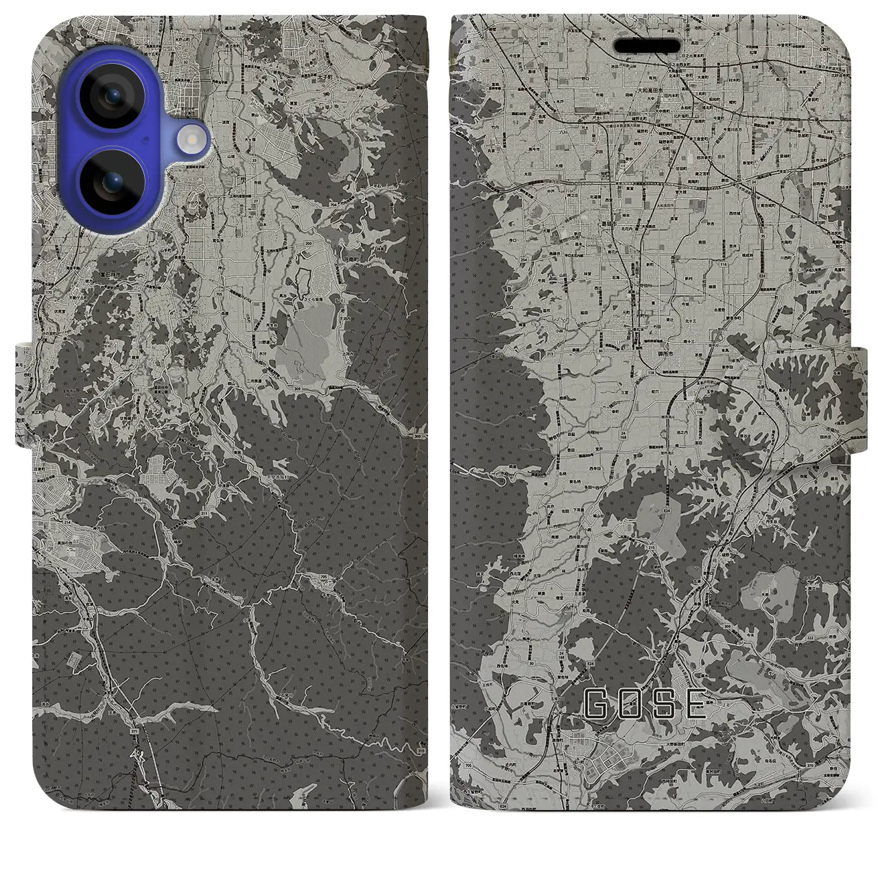 【御所(奈良県)】地図柄iPhoneケース(手帳タイプ)モノトーン・iPhone 16 Pro Max 用